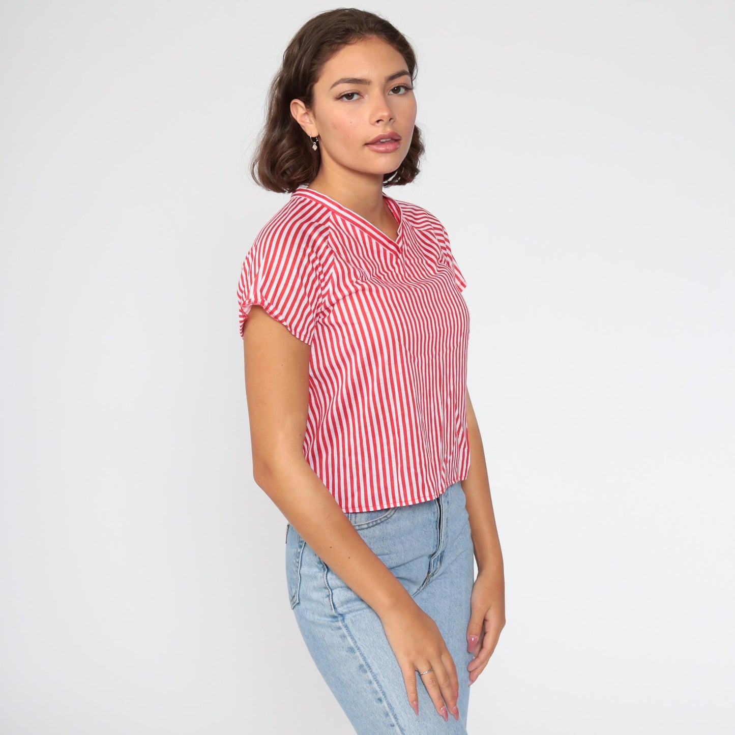 80s Red White Striped V-Neck Raglan Sleeve Top Extra Small