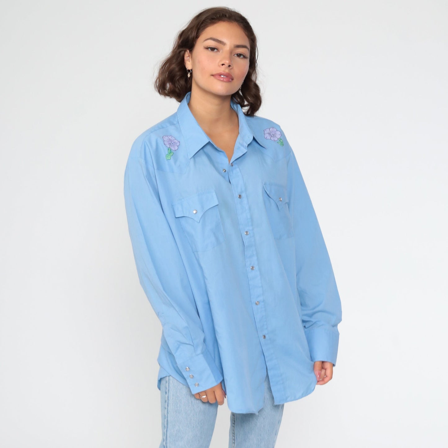 70s Western Pearl Snap Shirt Blue Deer Floral Hand Drawn Cotton Large