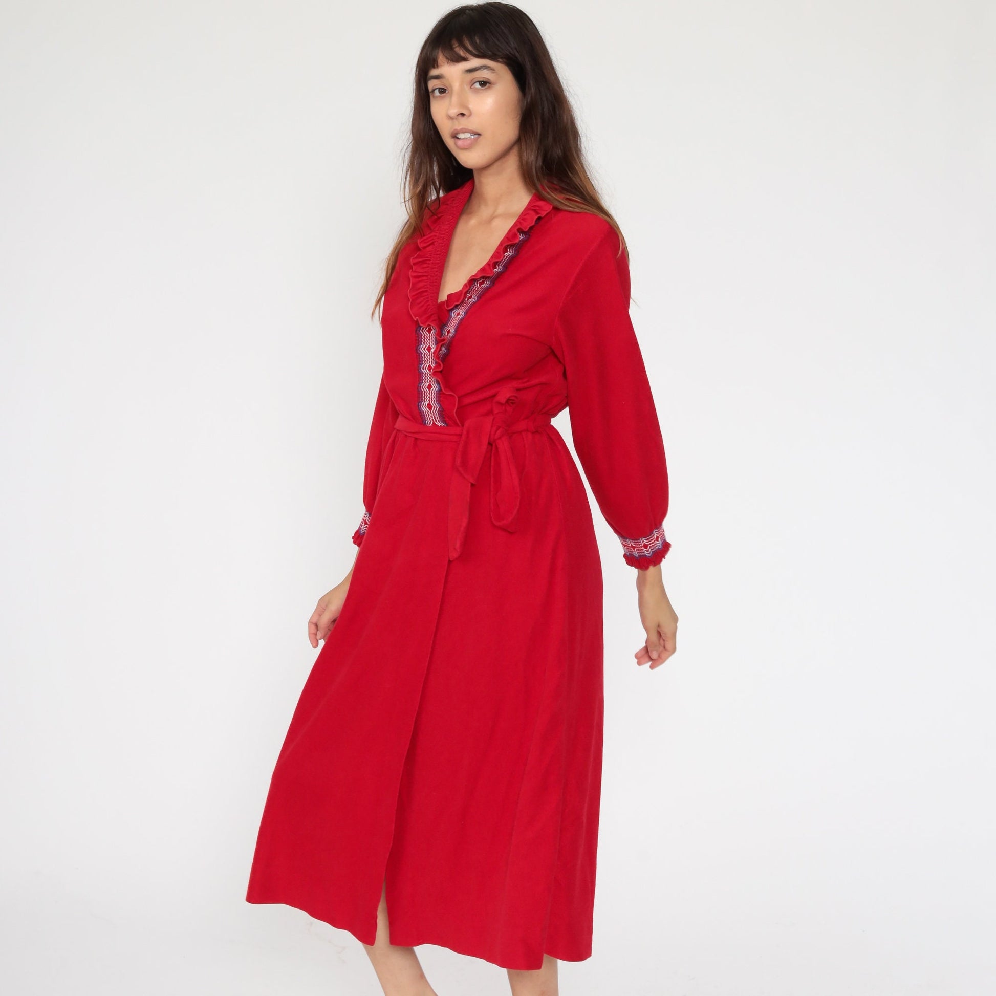 70s Anne Leslie Red Wrap Maxi Robe Dress Belted Loungewear Small Medium