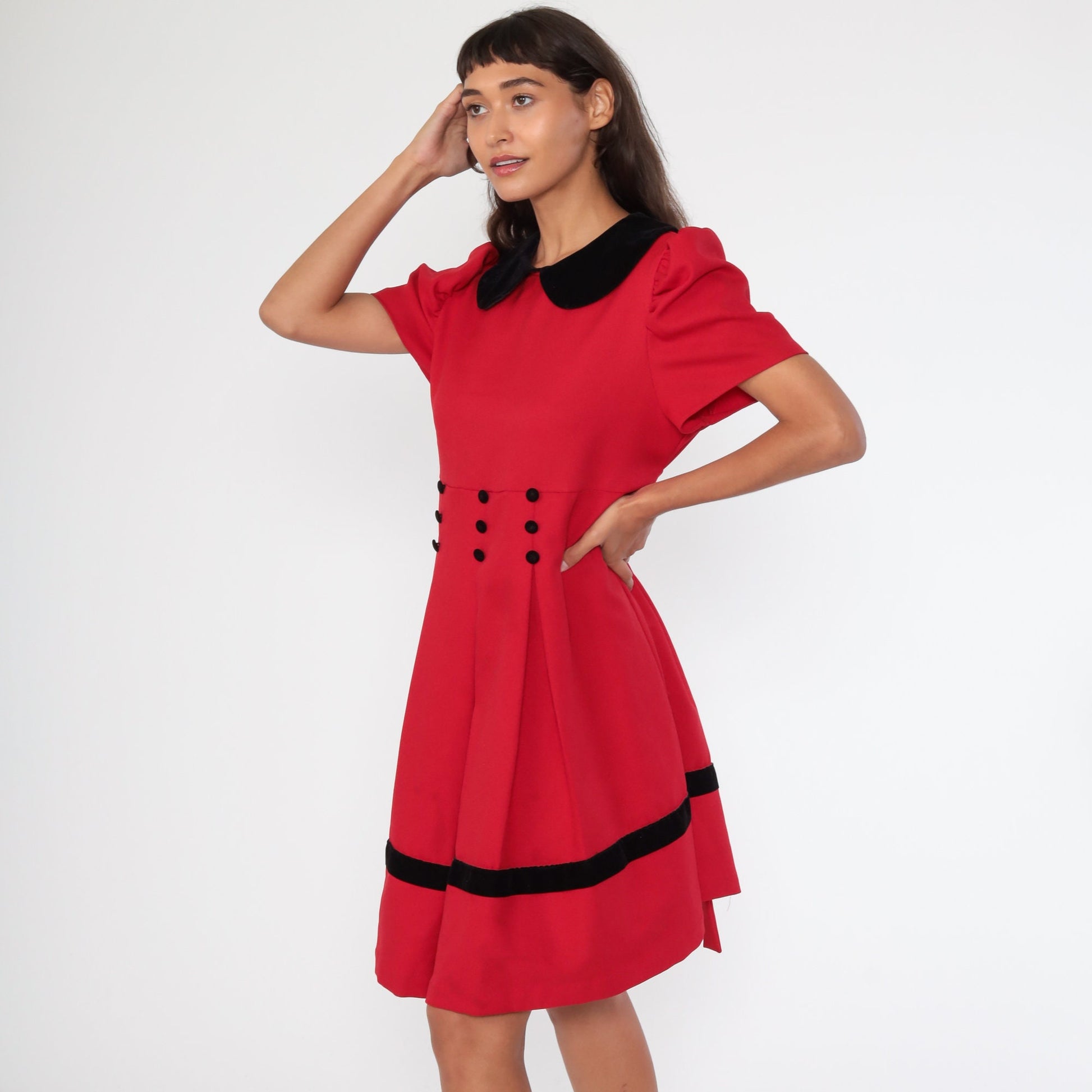 90s Red Midi Dress Peter Pan Collar Puff Sleeve Pleated Large 12