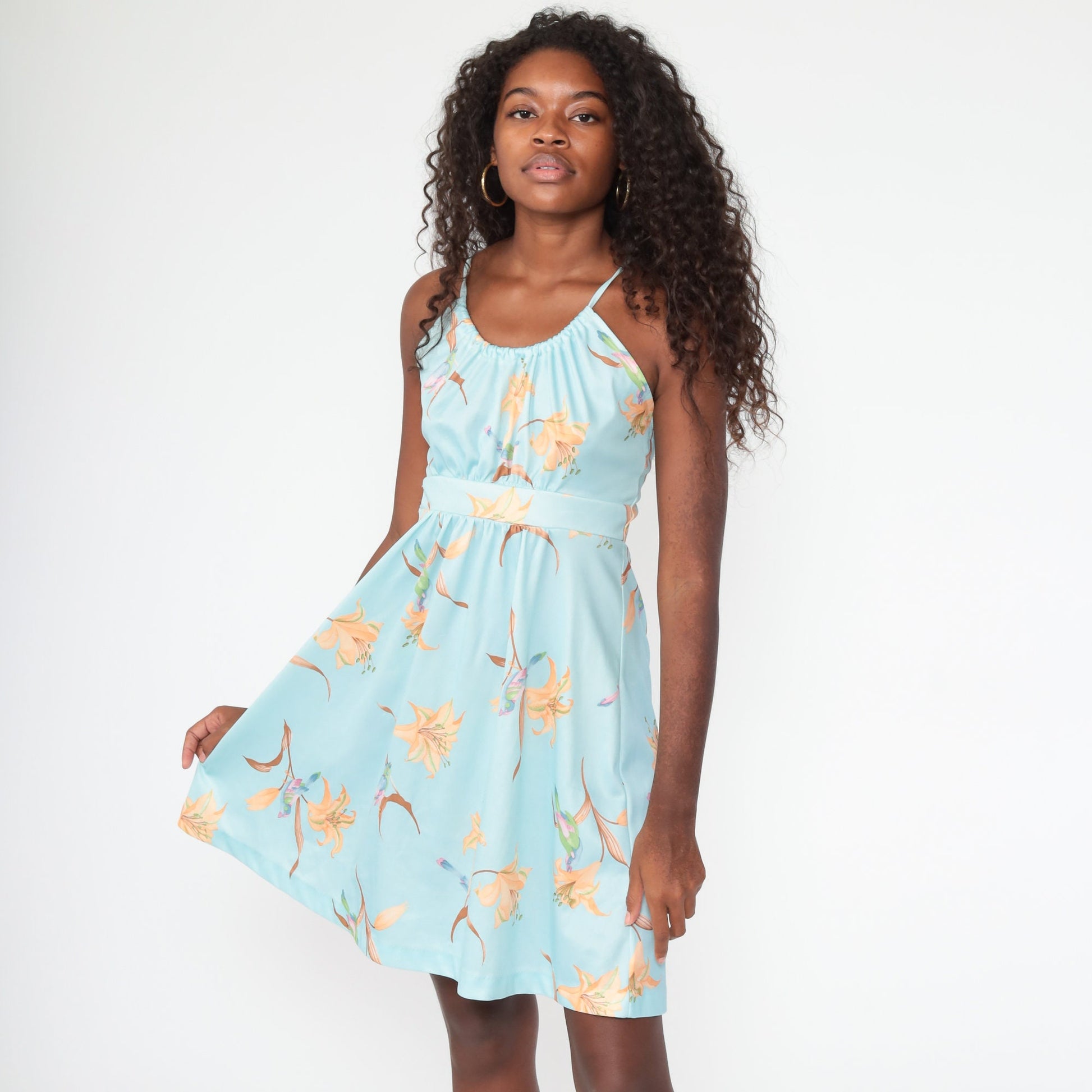 70s Tropical Floral Sun Dress Pastel Blue Criss Cross Back Mini Small Medium