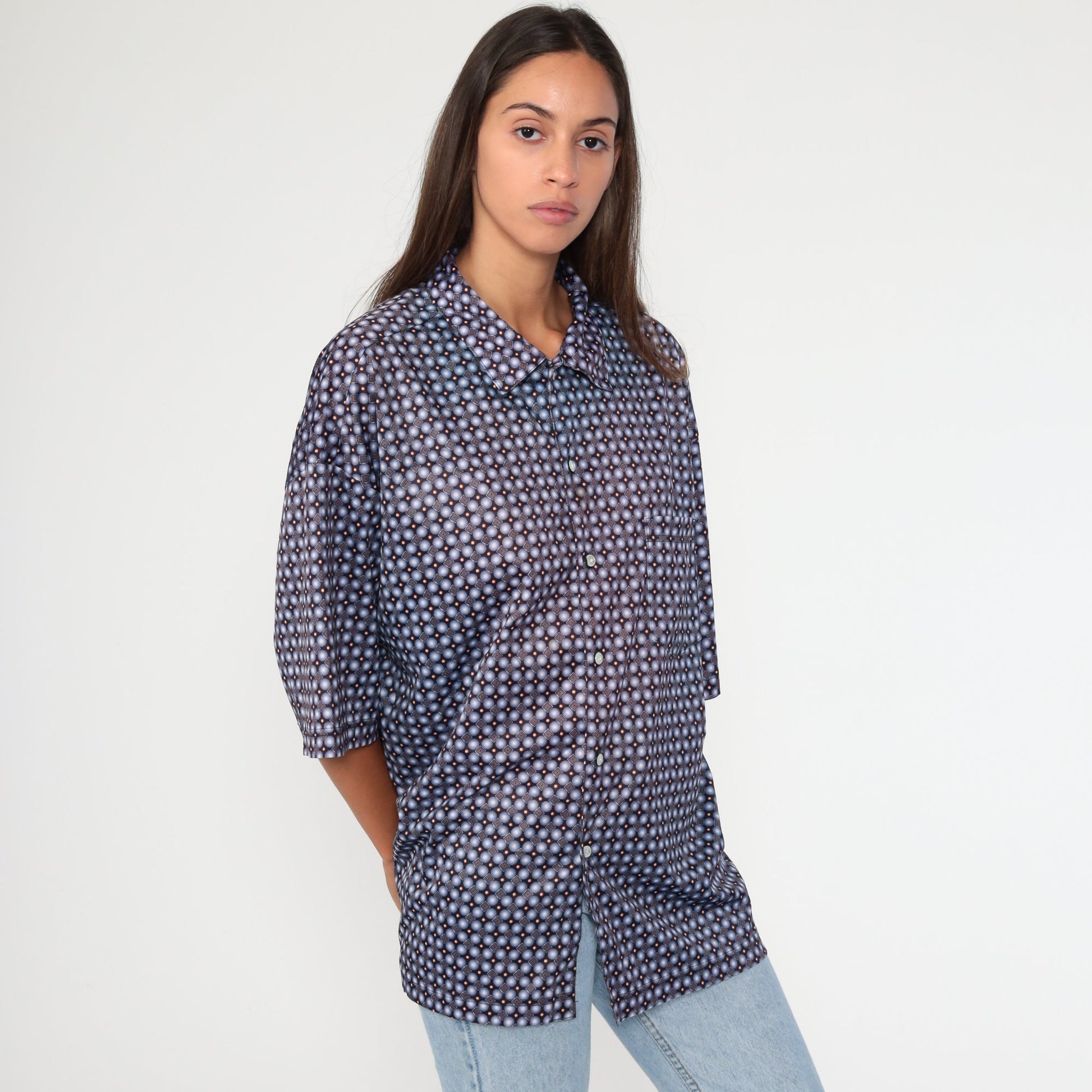 90s Geometric Print Button-Up Shirt Blue Brown Short Sleeve Extra Large