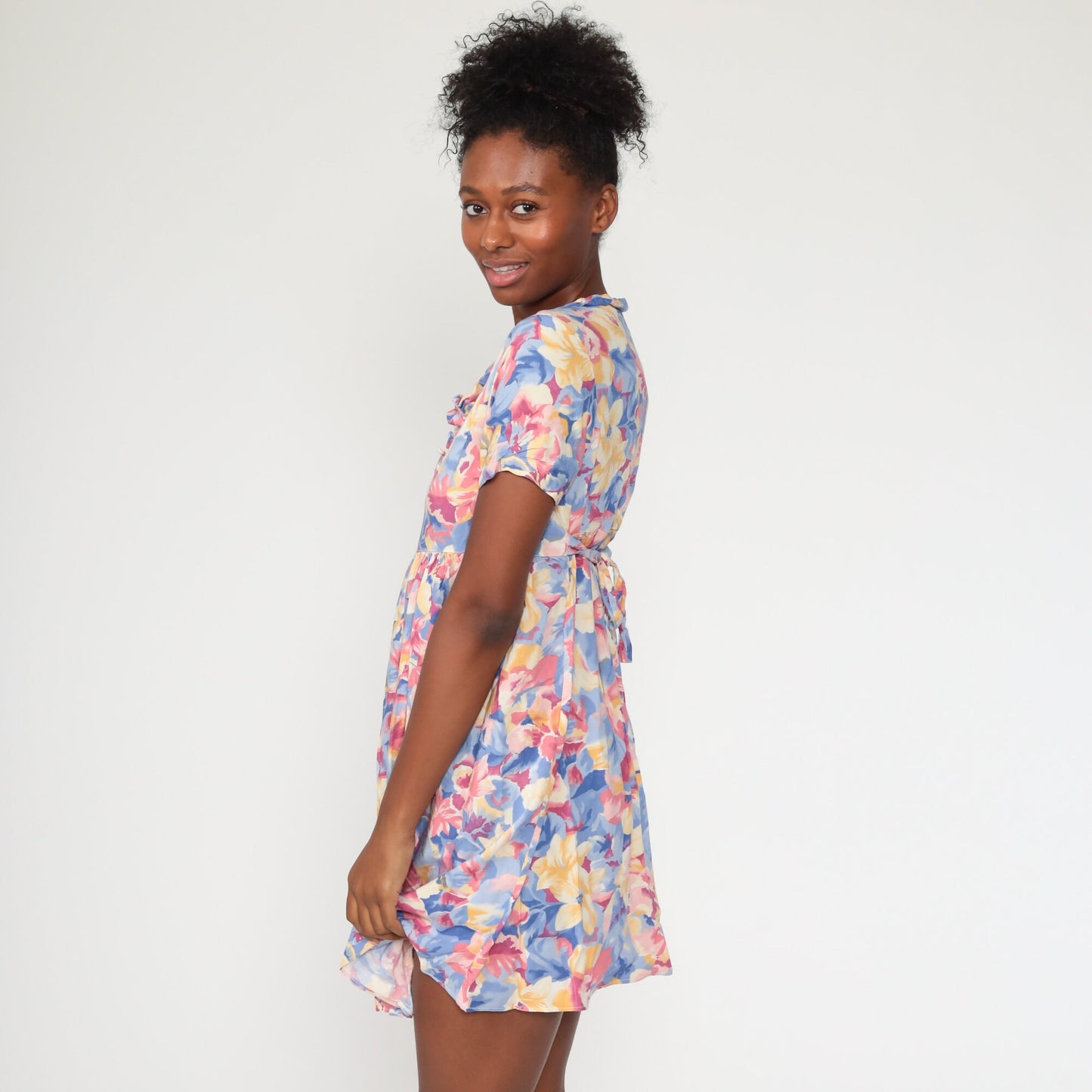 90s Floral Babydoll Dress Mini Empire Waist Short Sleeve Small