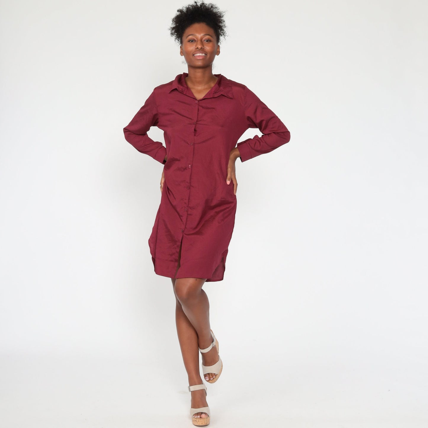 80s Burgundy Button-Up Shift Dress Long Sleeve Mini Medium