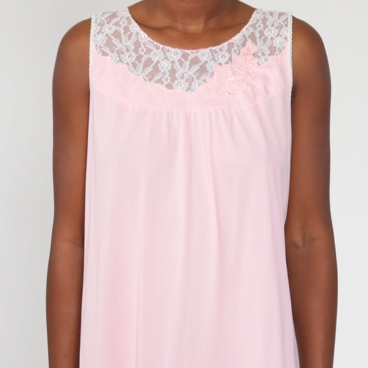 70s Baby Pink Nylon Lace Nightgown Sleeveless Maxi Slip Dress Large