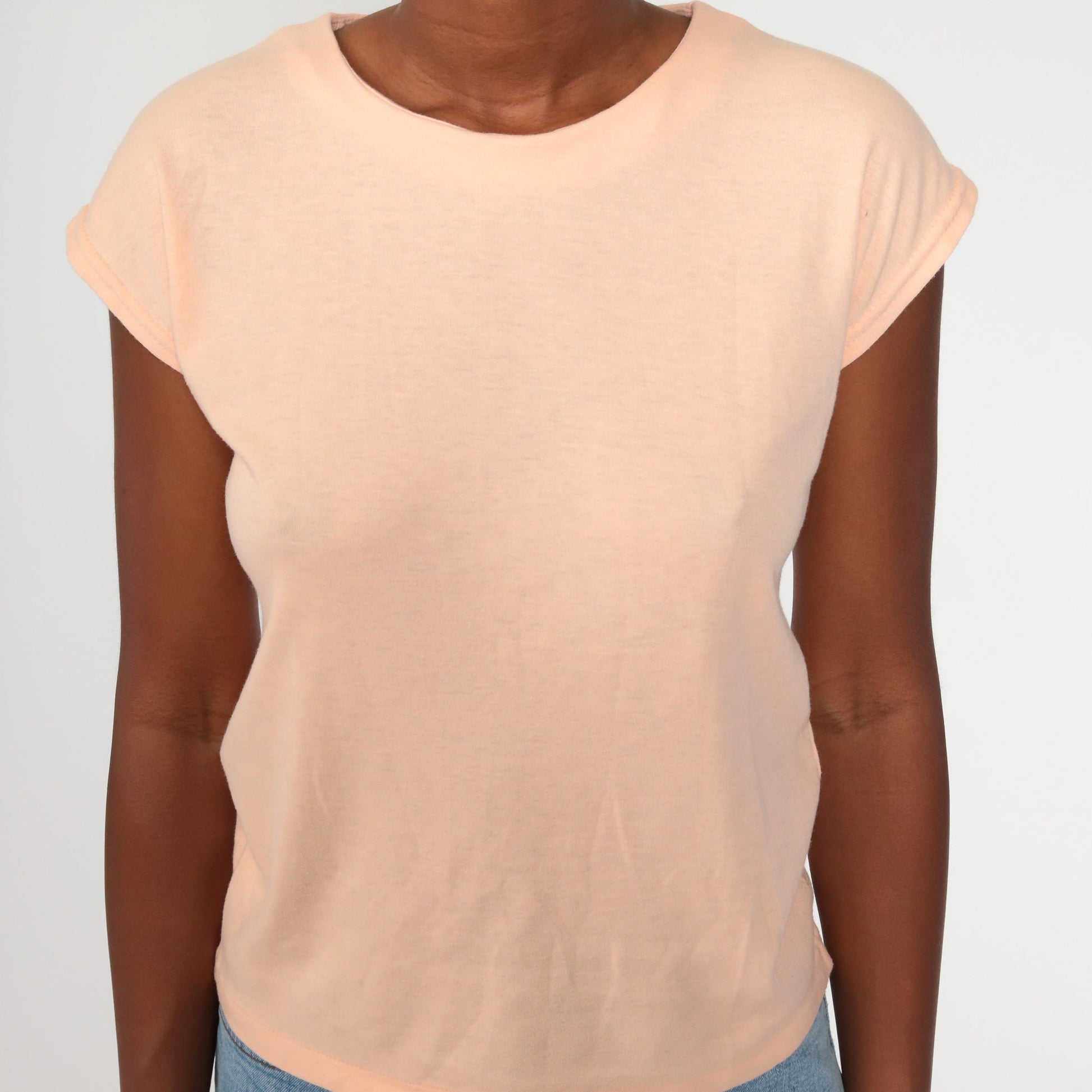 80s Peach Cap Sleeve T-Shirt Plain Cotton Tee Women's Medium
