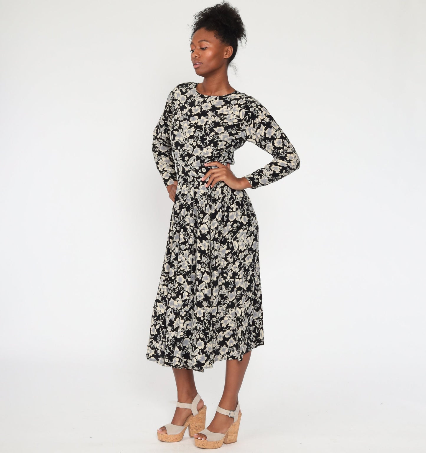 80s Black Floral Midi Dress Button Back Long Sleeve High Waisted Extra Small