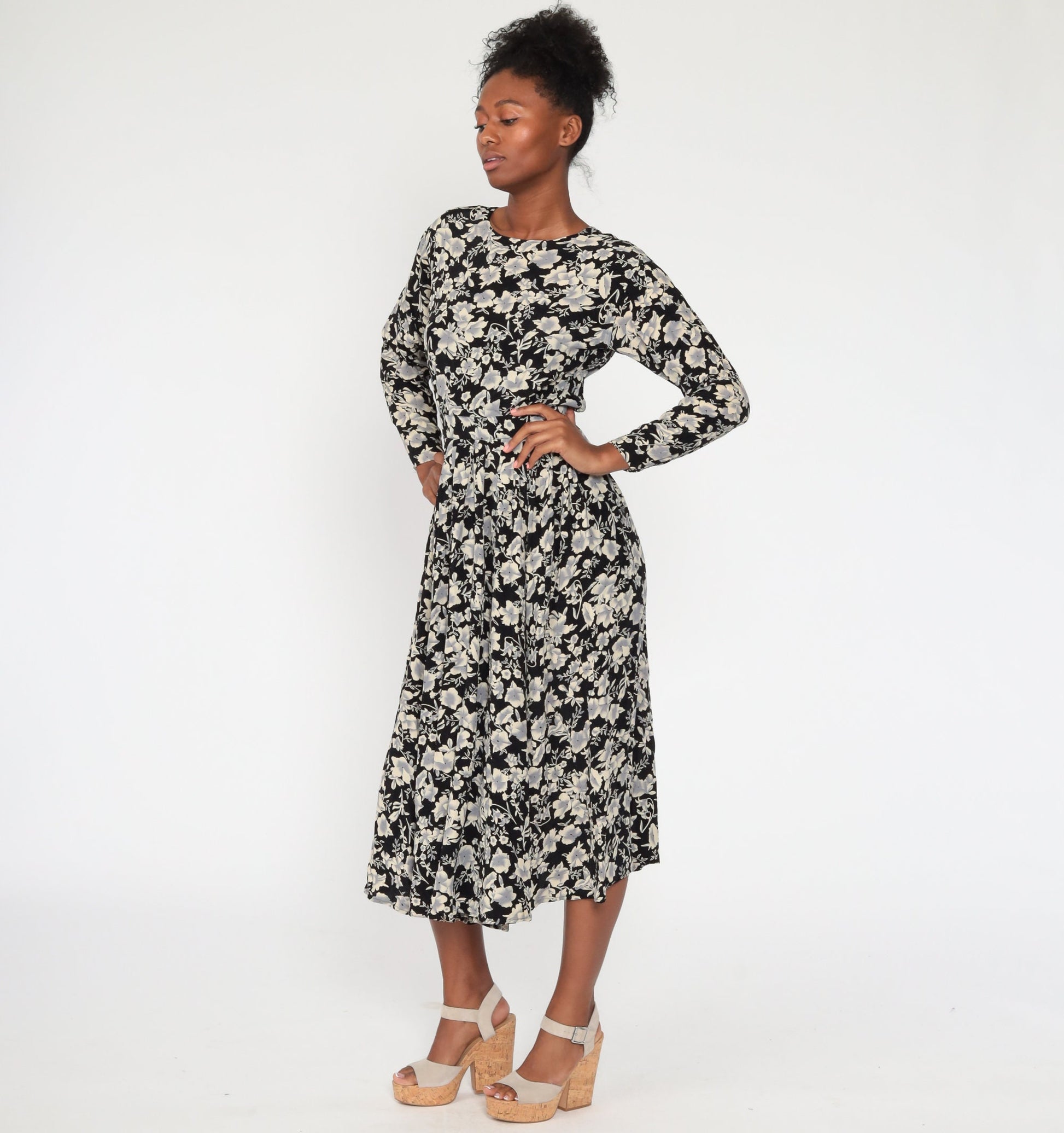 80s Black Floral Midi Dress Button Back Long Sleeve High Waisted Extra Small