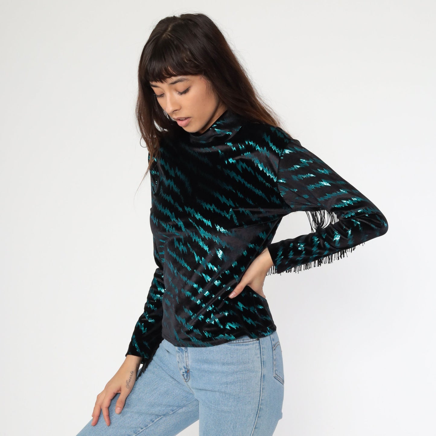 90s Metallic Tiger Print Fringe Turtleneck Y2K Club Shirt Extra Small XS