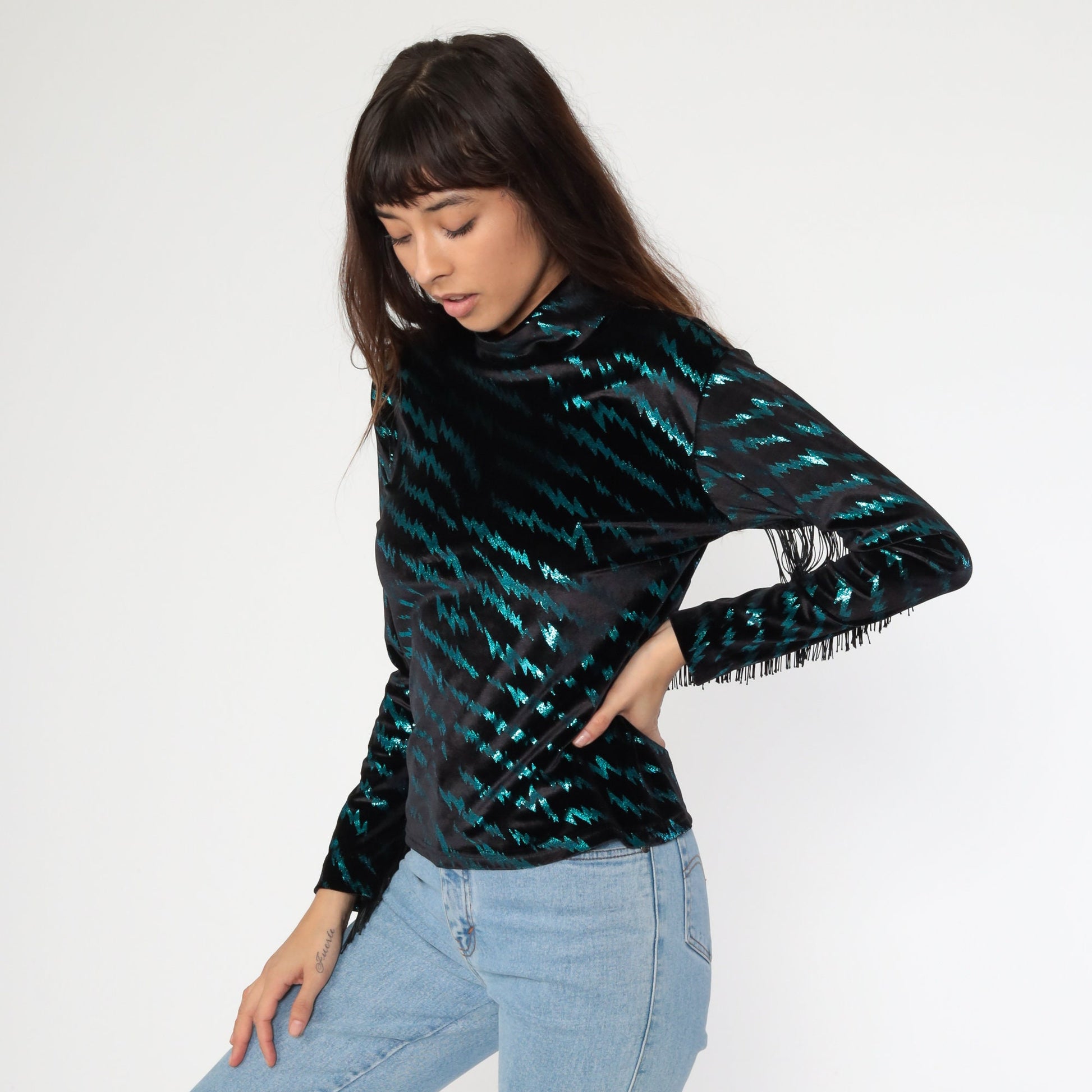 90s Metallic Tiger Print Fringe Turtleneck Y2K Club Shirt Extra Small XS