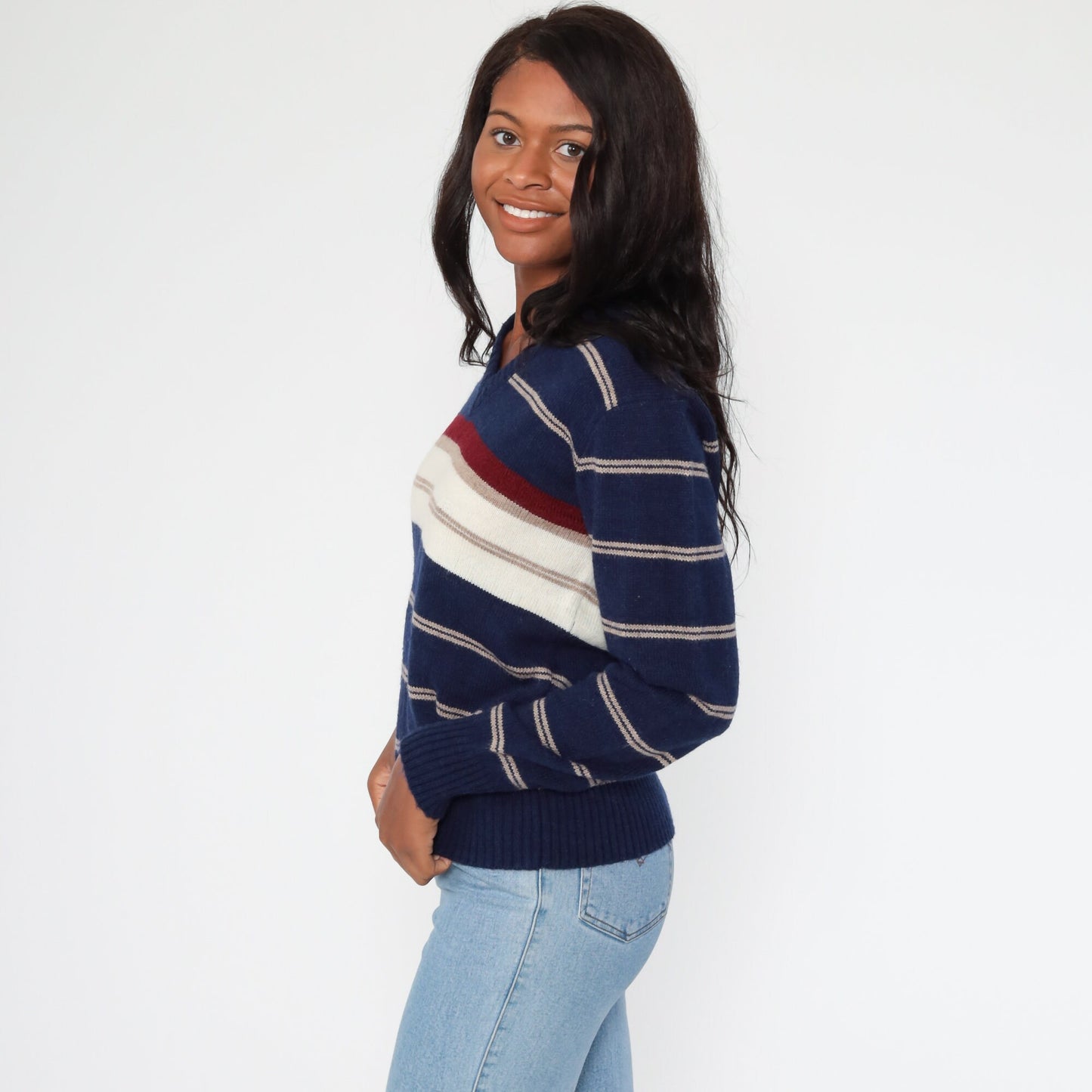80s Le Tigre Navy Striped V-Neck Knit Sweater Small Medium