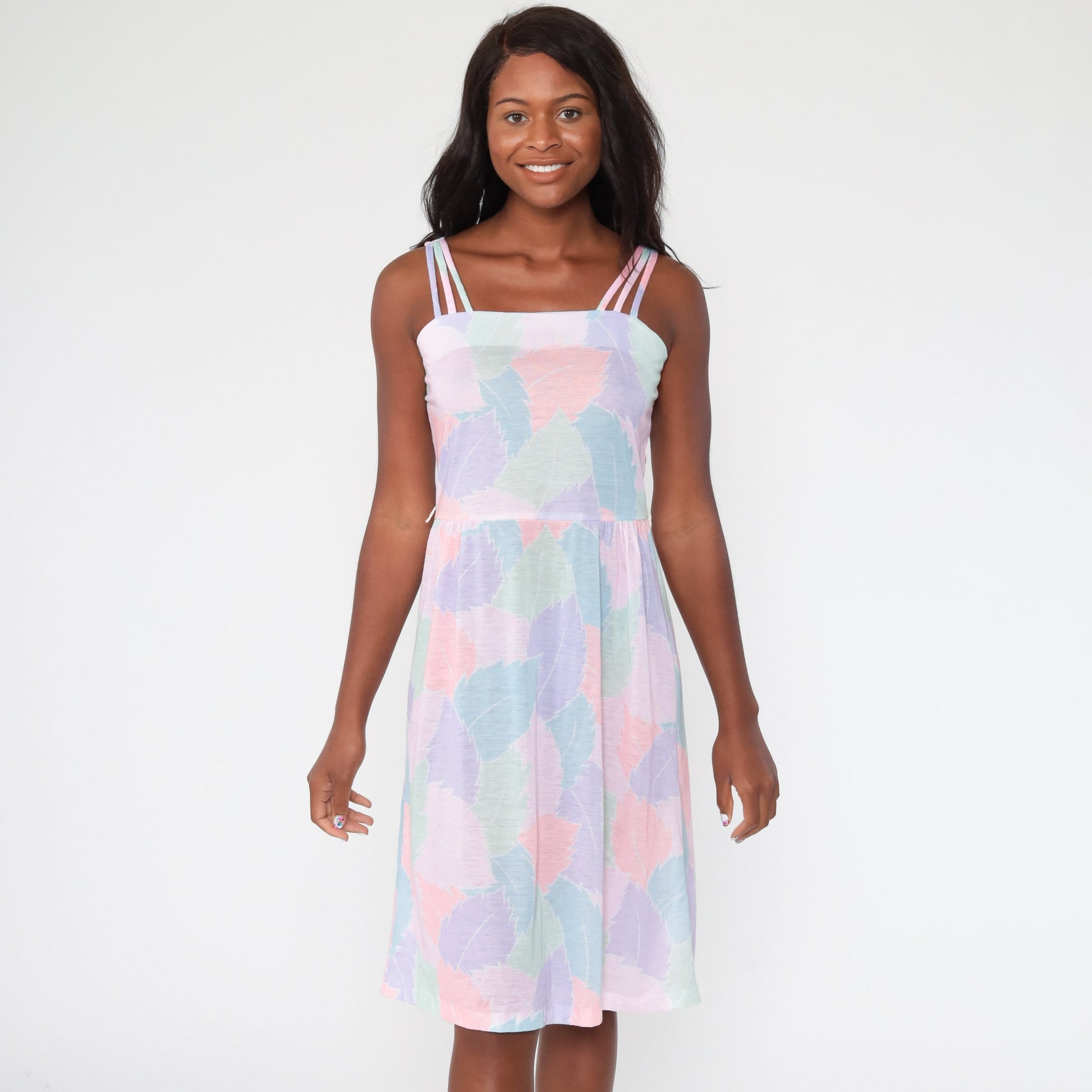 70s Leaf Print Midi Sundress High Waist Tank Pastel Cotton Medium