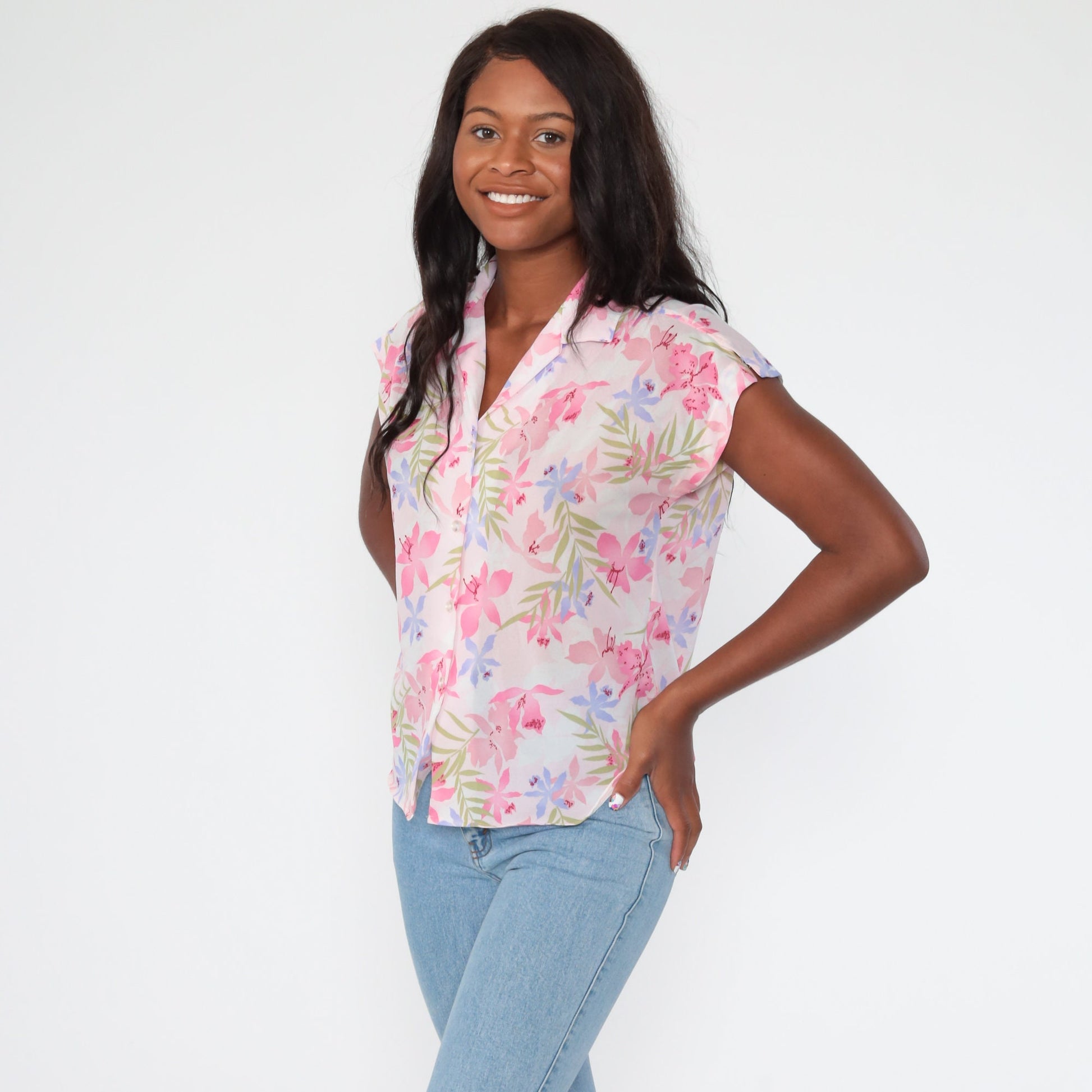 80s Tropical Floral Pink Hawaiian Button-Up Blouse Short Sleeve Medium