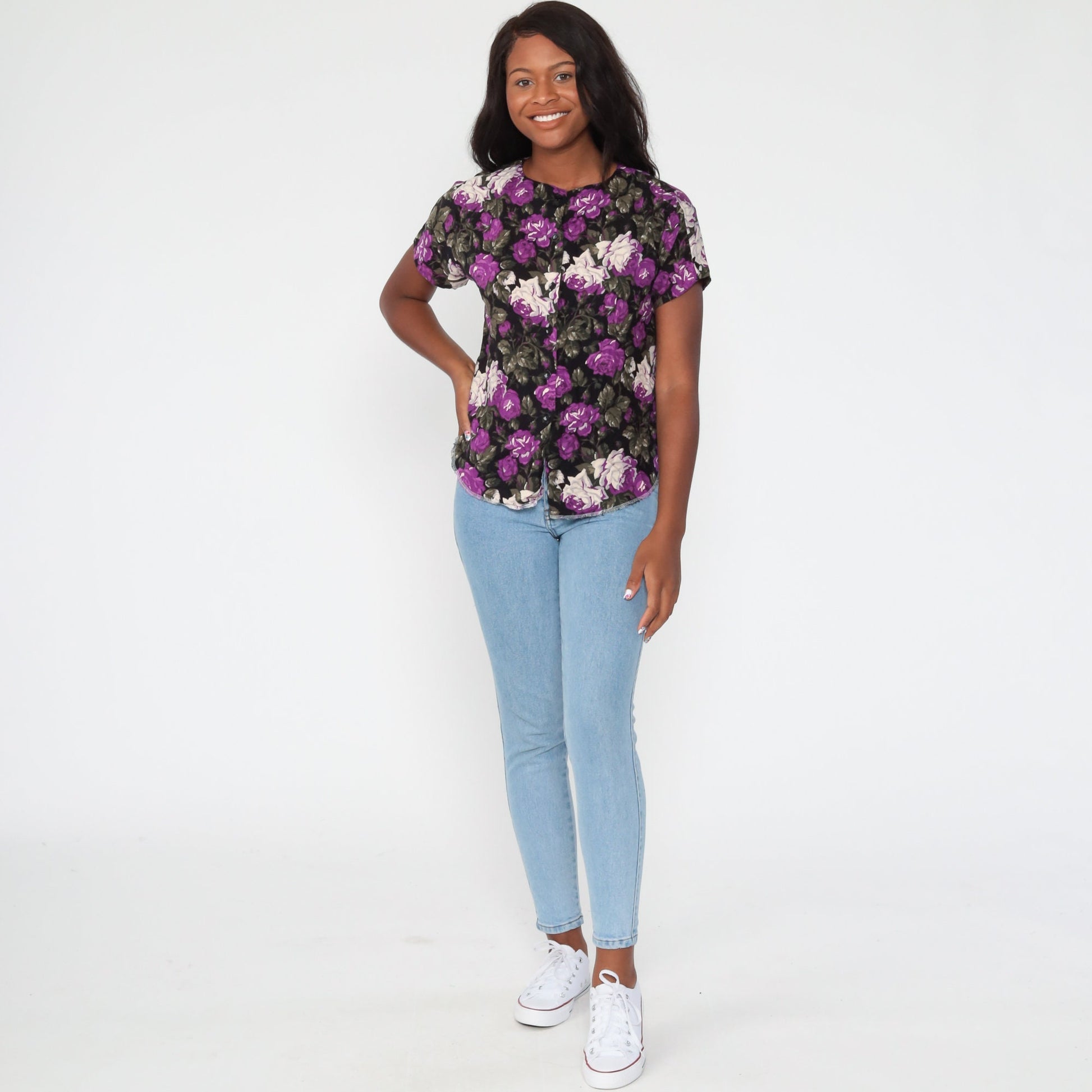 90s Floral Button-Up Blouse Purple Rayon Short Sleeve Medium