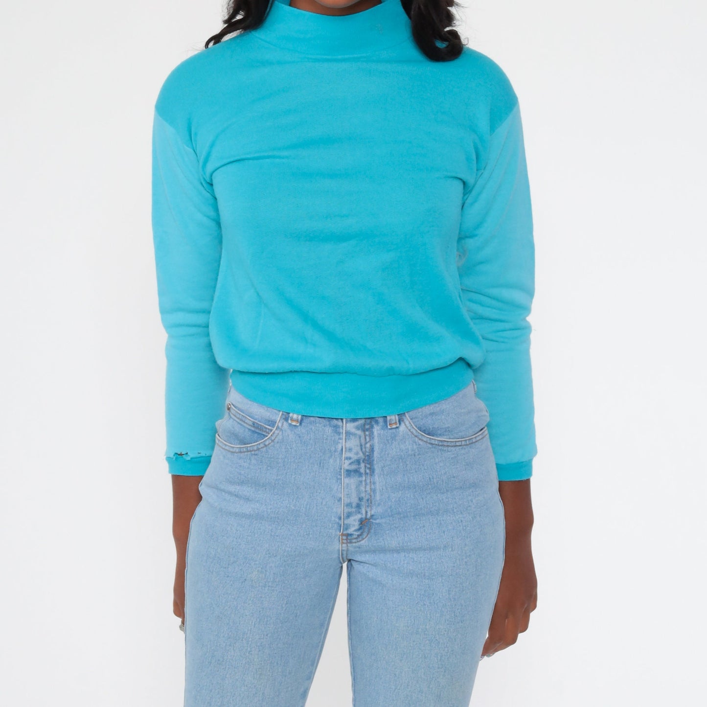 80s Turquoise Mock Neck Sweatshirt Acrylic Long Sleeve Extra Small XS