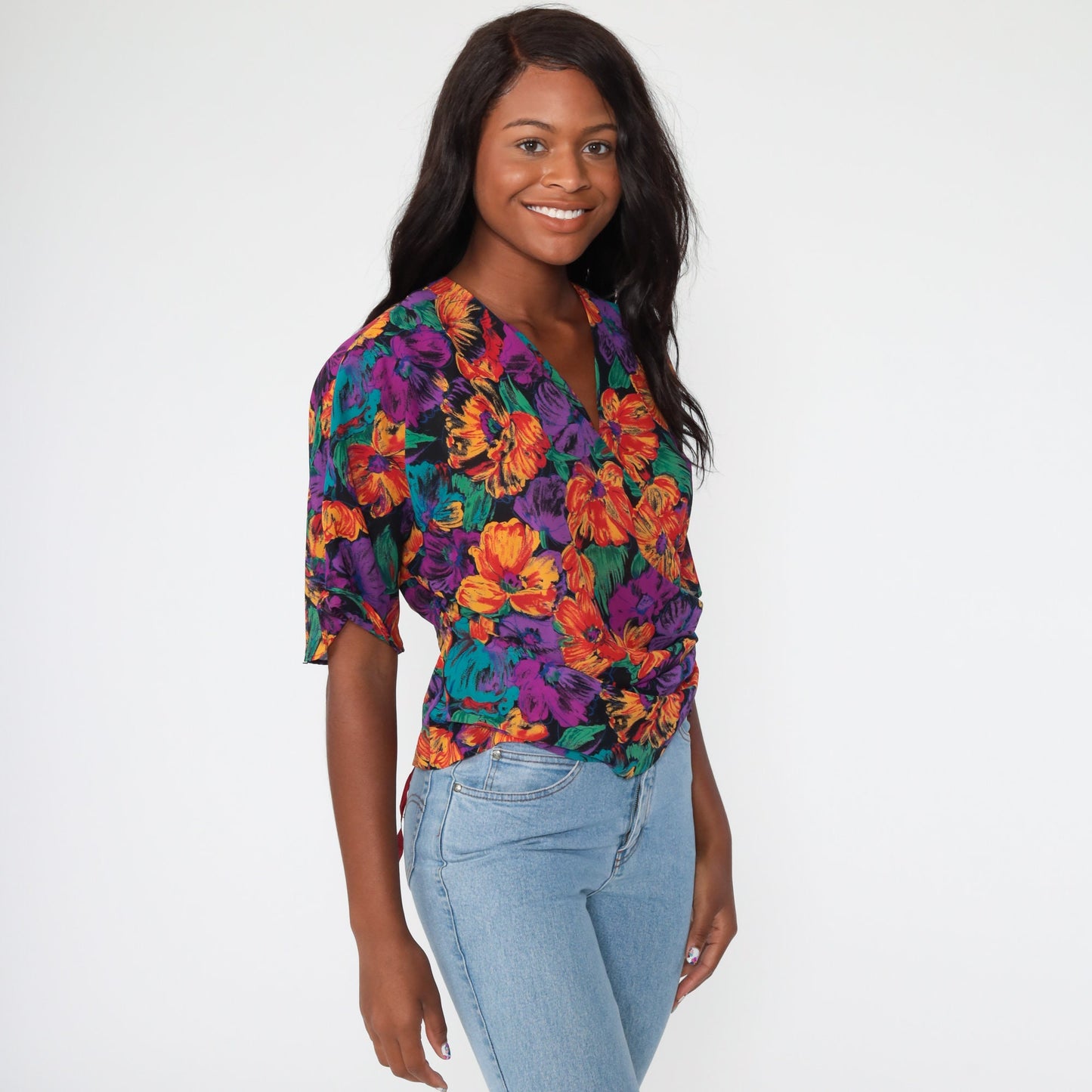 80s Toni Petite Floral Wrap Crop Top Purple Tropical Blouse Medium