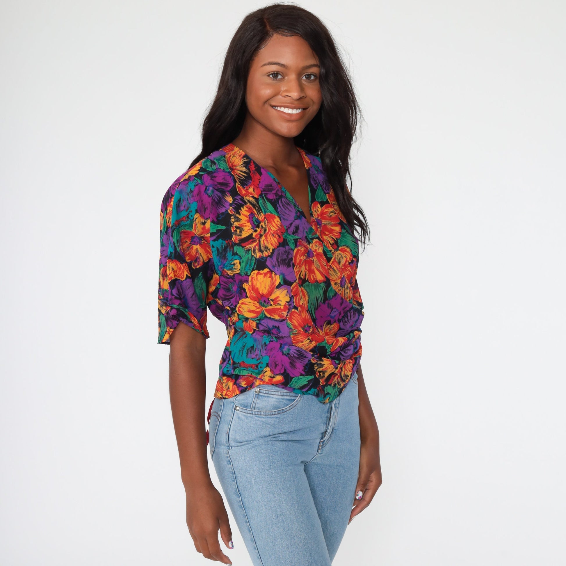 80s Toni Petite Floral Wrap Crop Top Purple Tropical Blouse Medium