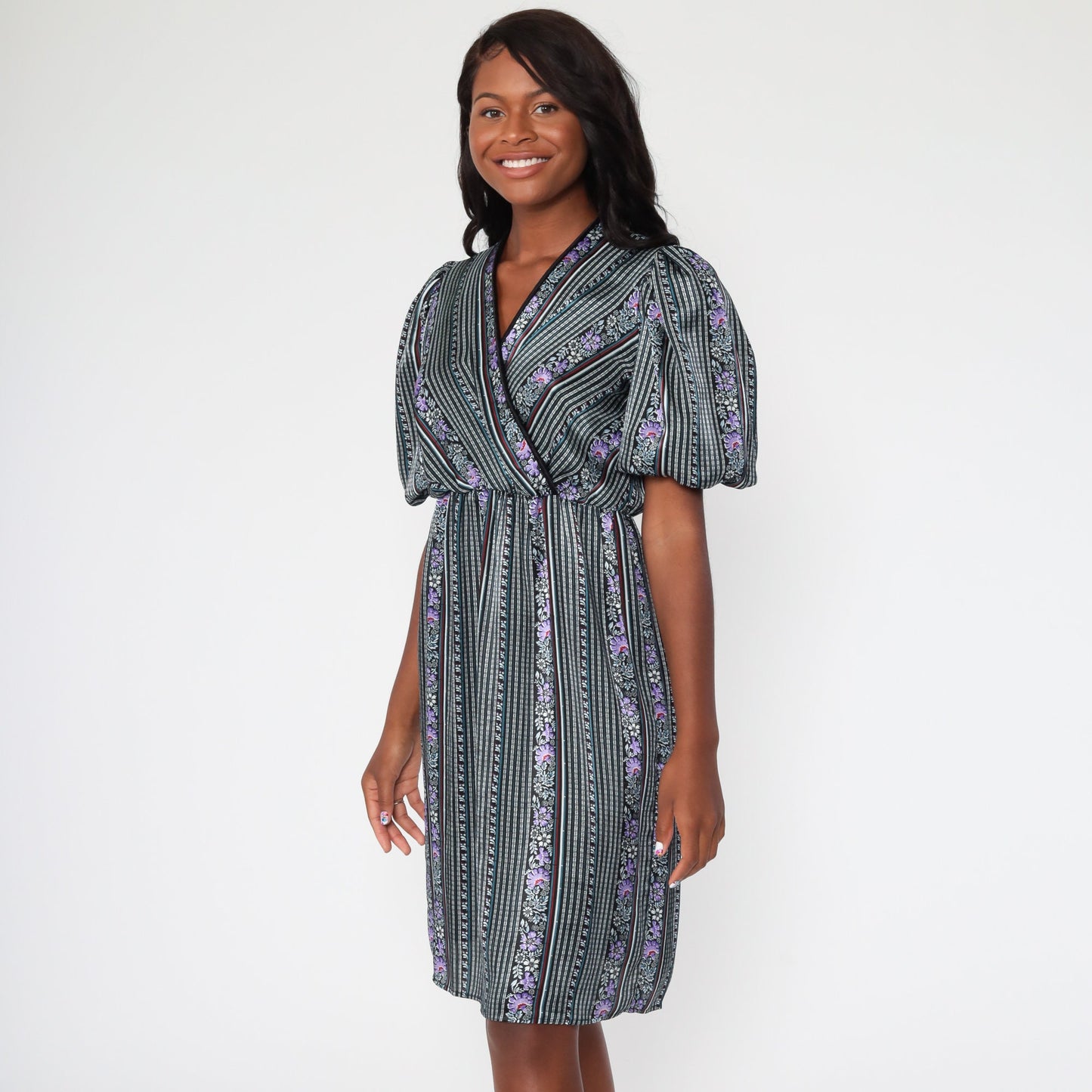 1970s Striped Floral Midi Dress Purple Black V-Neck Puff Sleeve High Waist Small