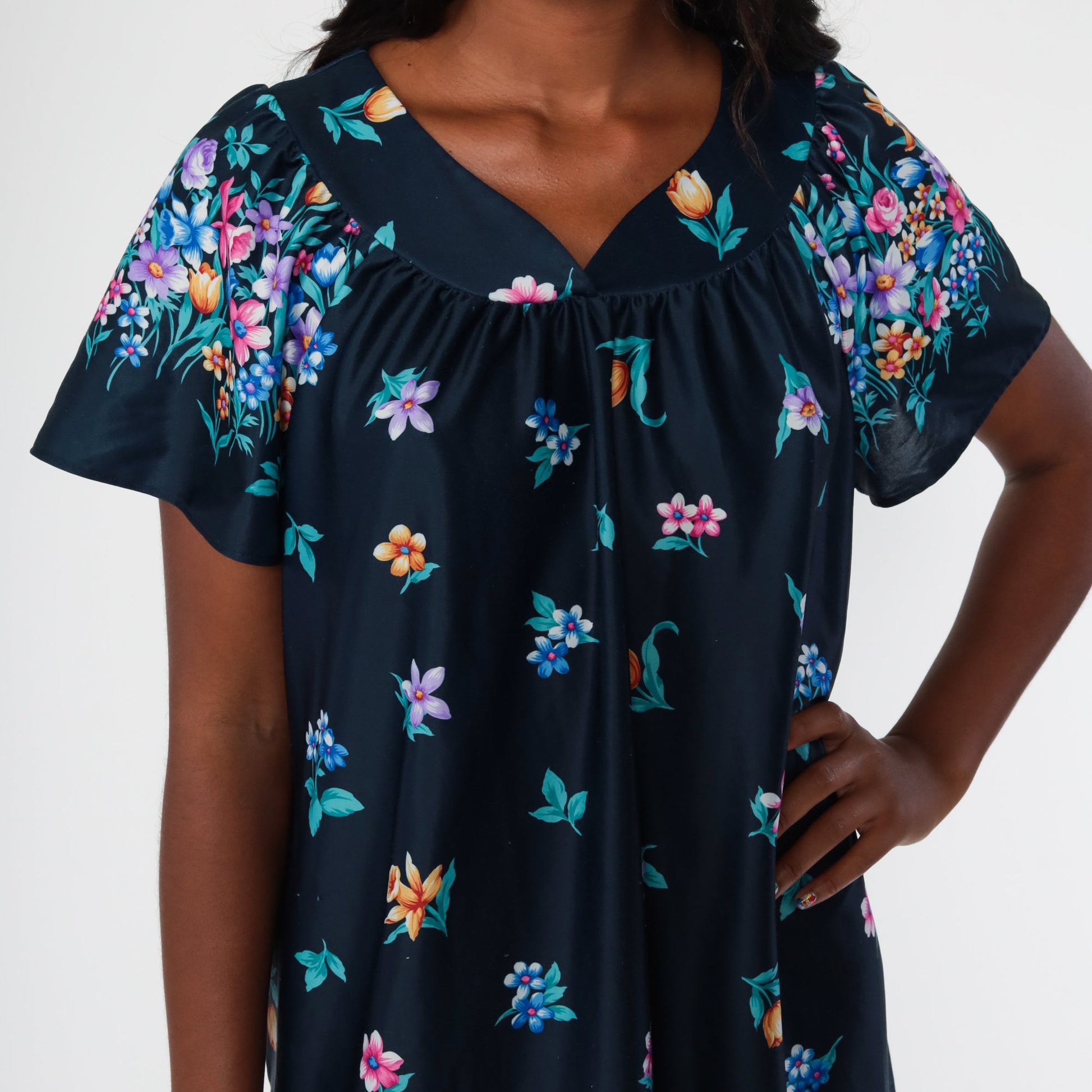 00s Blue Floral Tent Dress Mini Short Sleeve Shift Medium