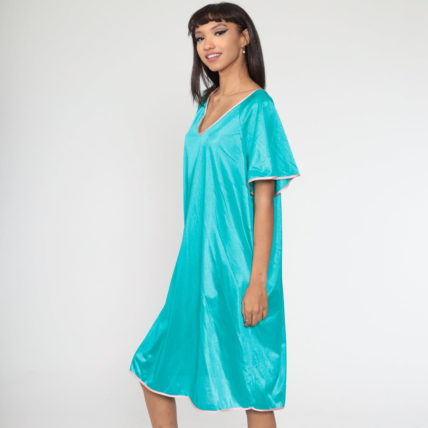 1960s Turquoise Nylon Nightgown Pink Ringer Trim Tent Cut Extra Large XXL