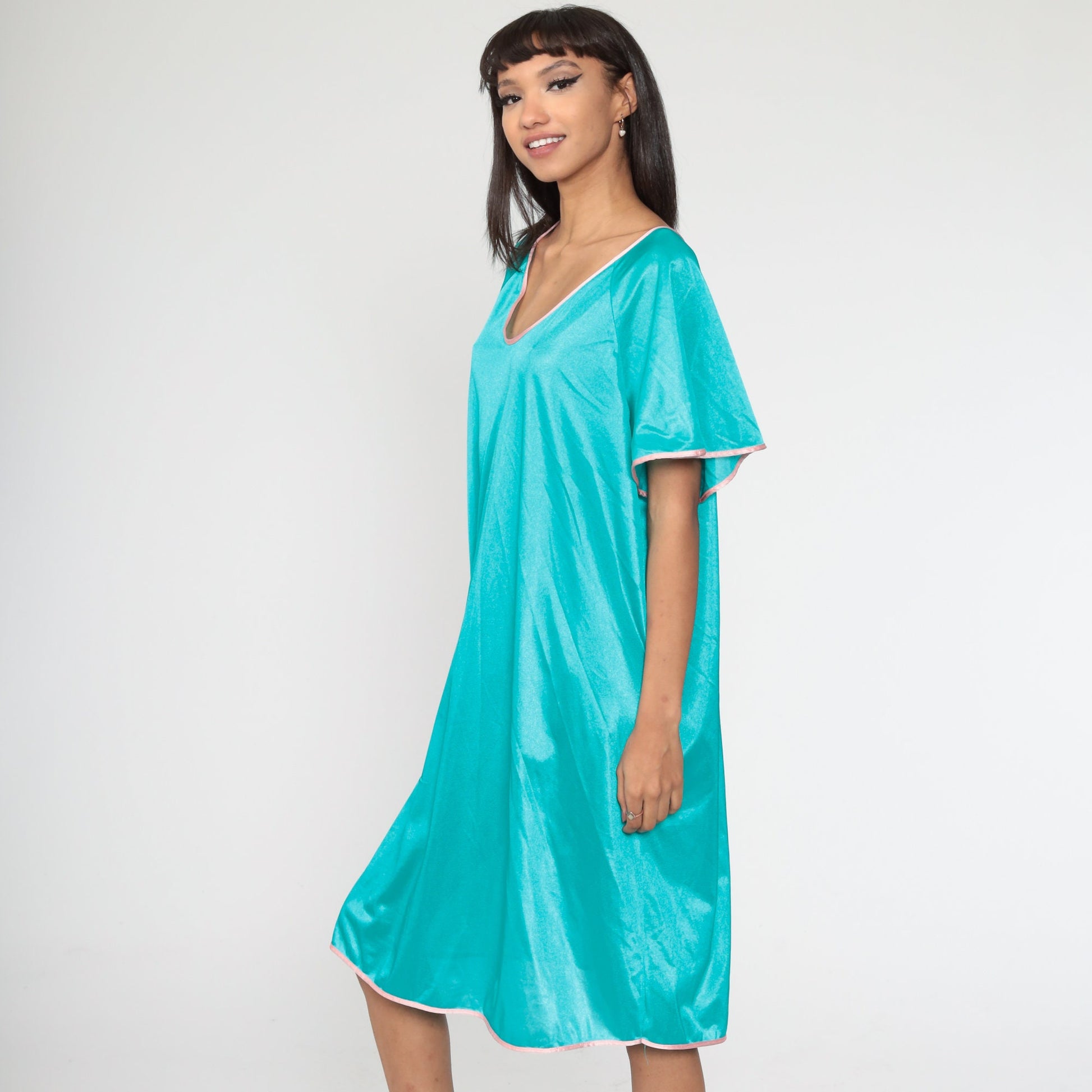 1960s Turquoise Nylon Nightgown Pink Ringer Trim Tent Cut Extra Large XXL