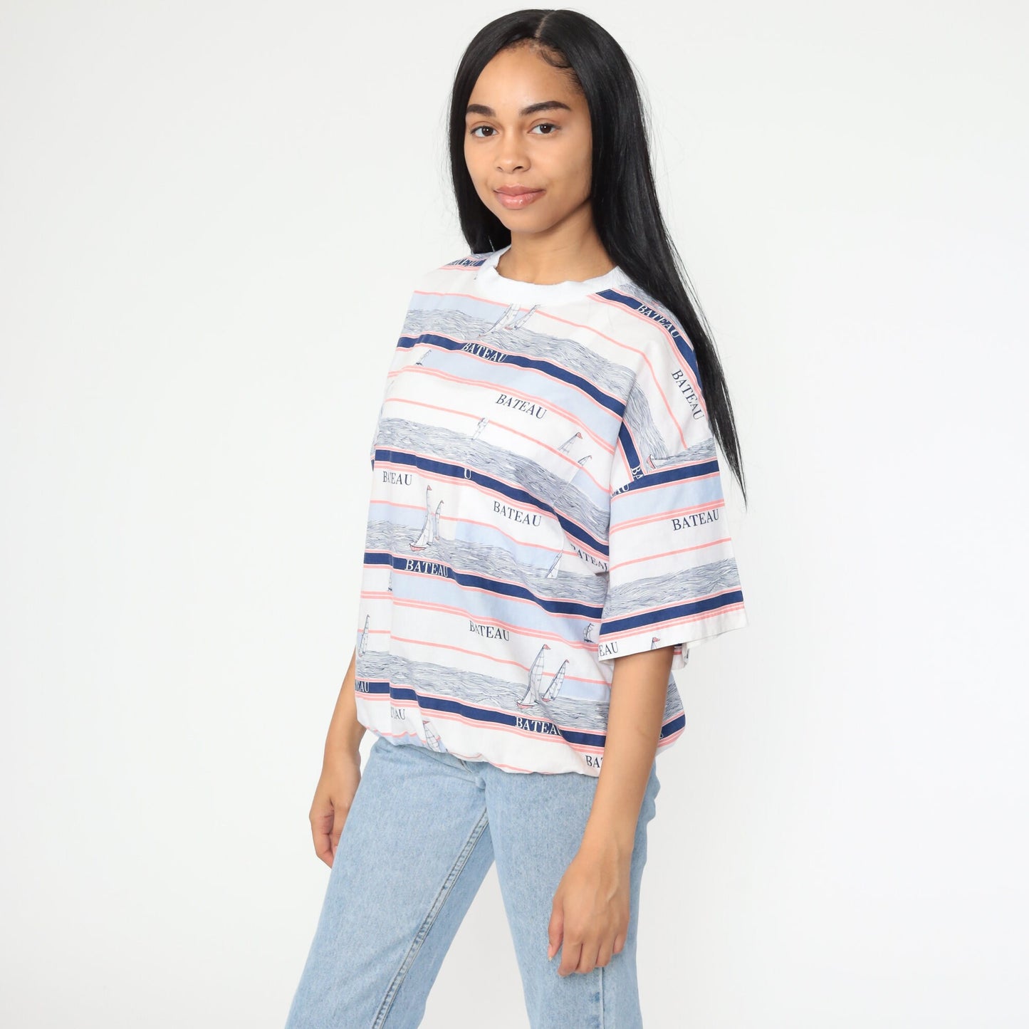 80s Bateau Boat Sailboat Striped Sailor Graphic T-Shirt White Cotton Medium