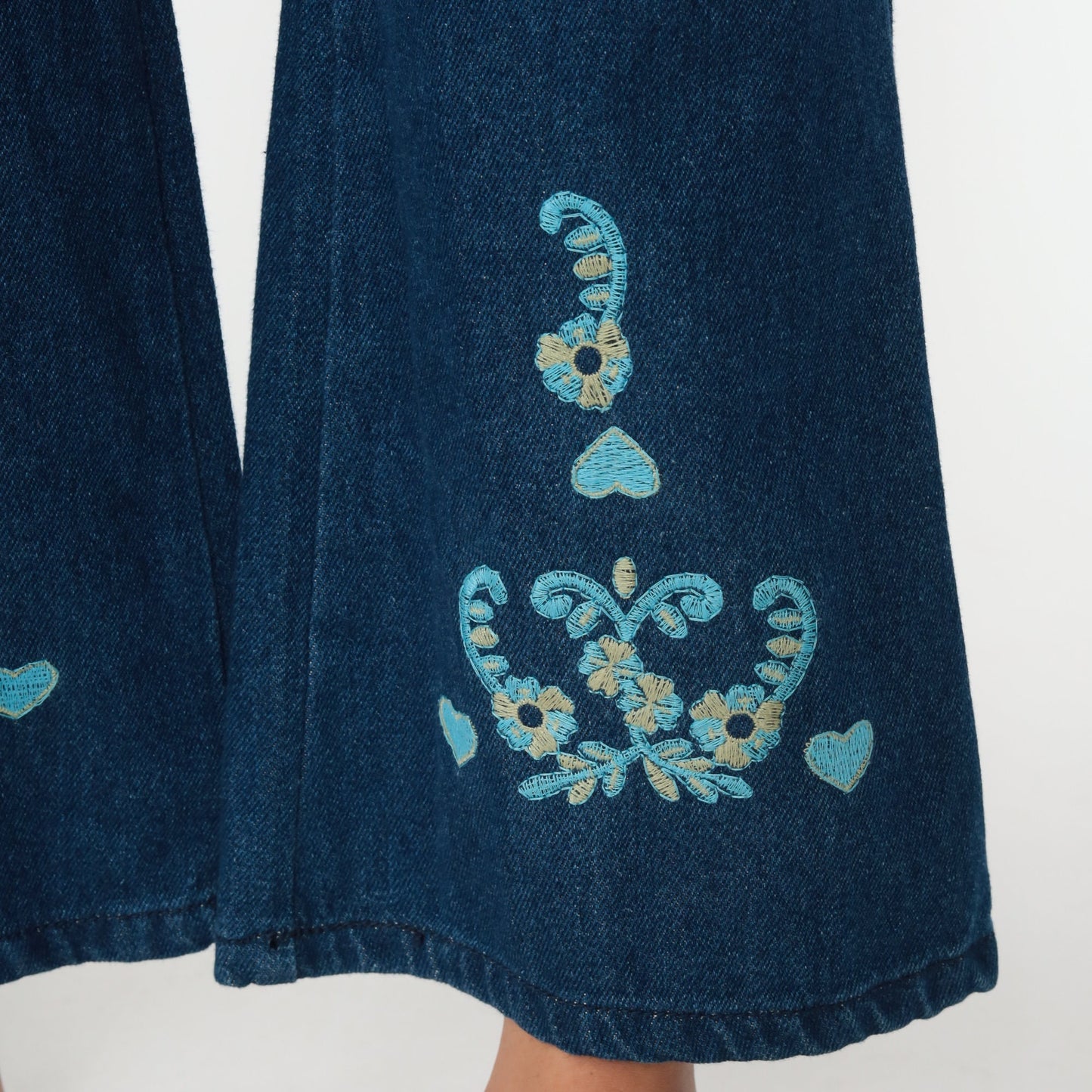 90s Floral Embroidered Bell Bottom Jeans Dark Blue Cotton Y2K Extra Small XS