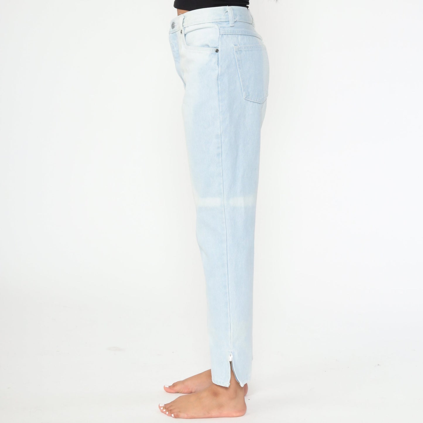 90s Bleach Dyed High Waist Jeans Light Blue Slim Ankle Zipper Small