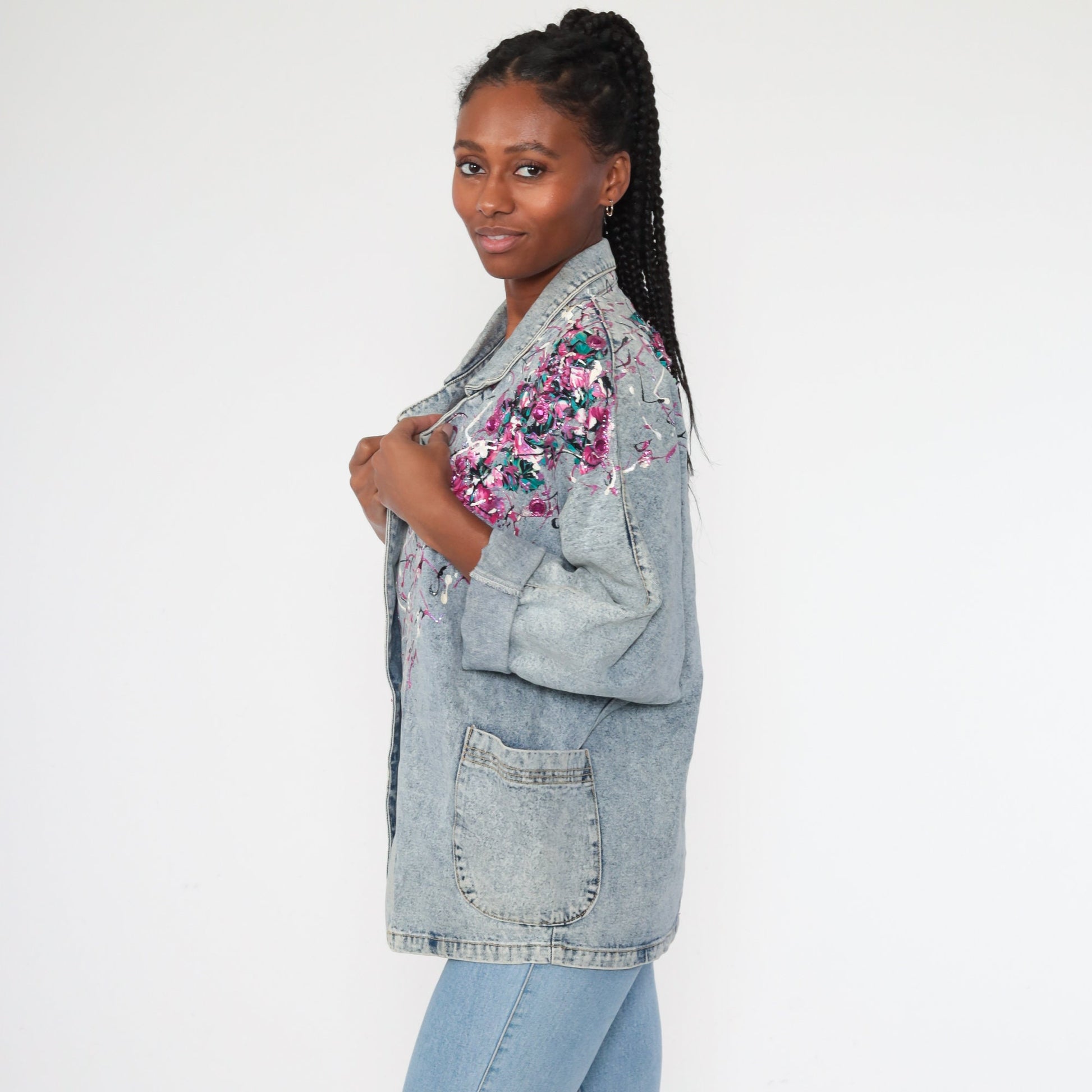 80s Acid Wash Denim Jacket Paint Splatter Glitter Blue Small