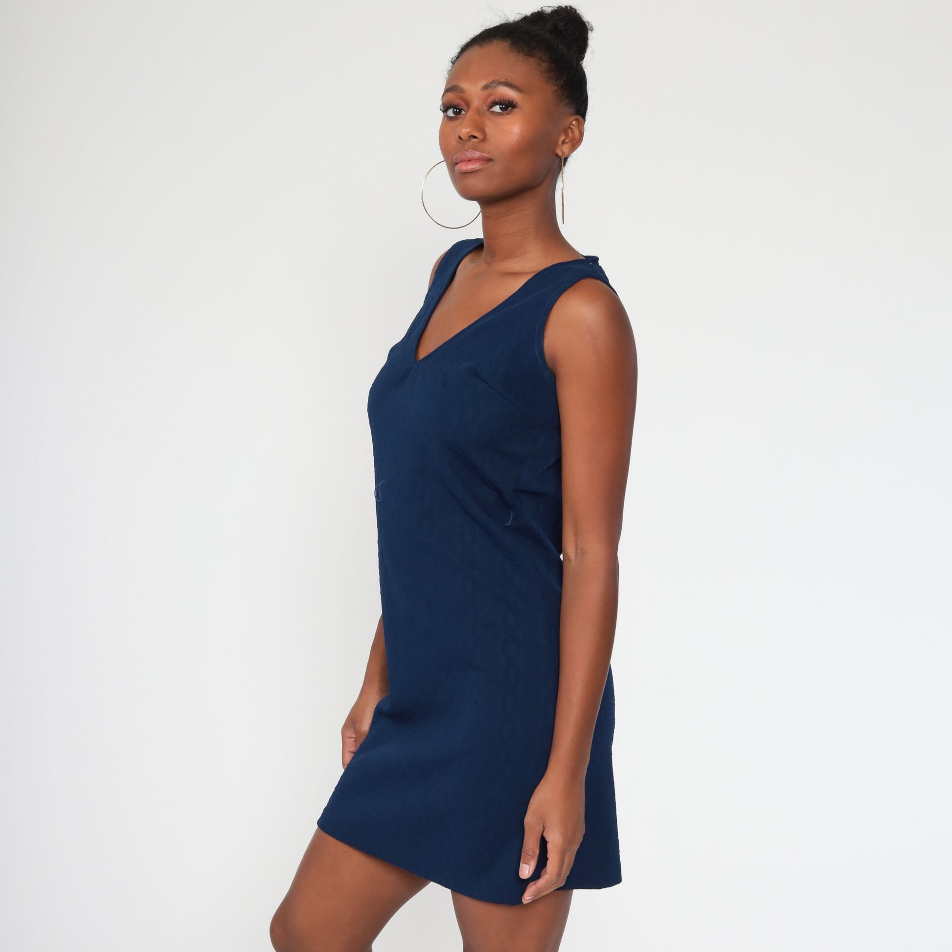 70s Cable Knit Shift Dress Navy Mini Sleeveless Small Medium