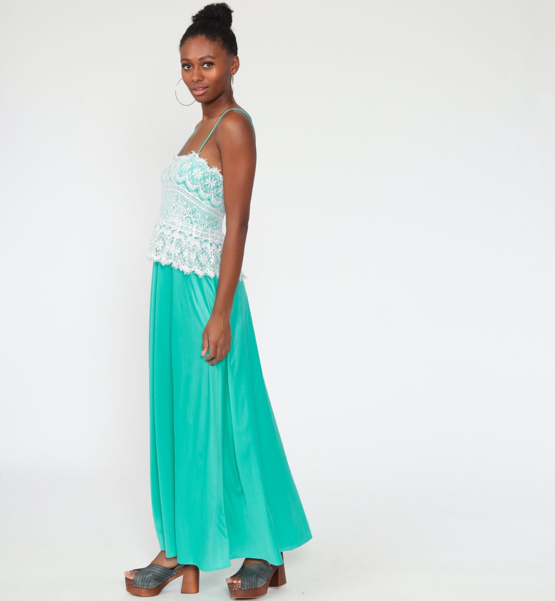 70s Green Lace Maxi Dress Spaghetti Strap Low Waist Extra Small