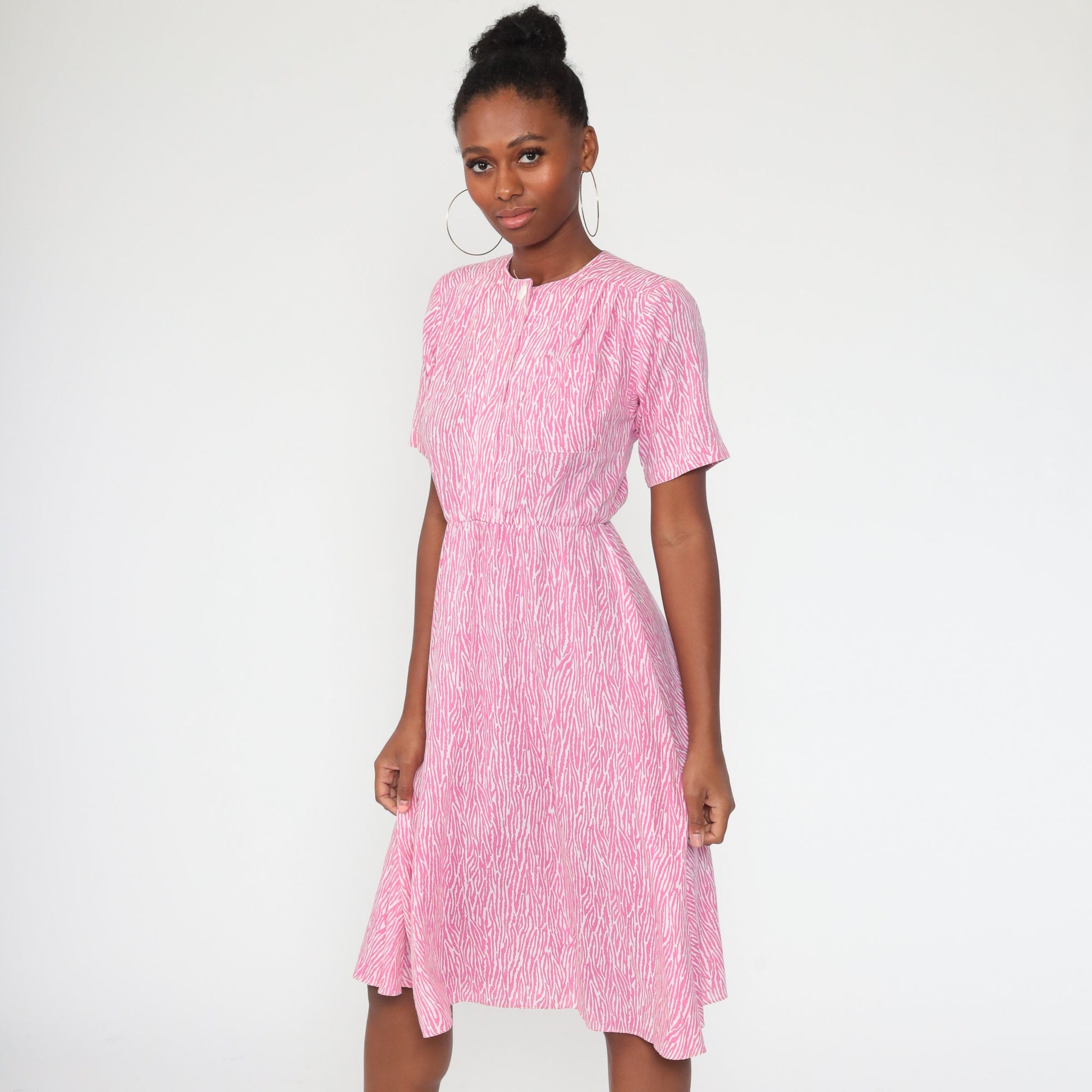 70s Tiger Stripe Print Midi Shirtdress Pink High Waist Button Up Small