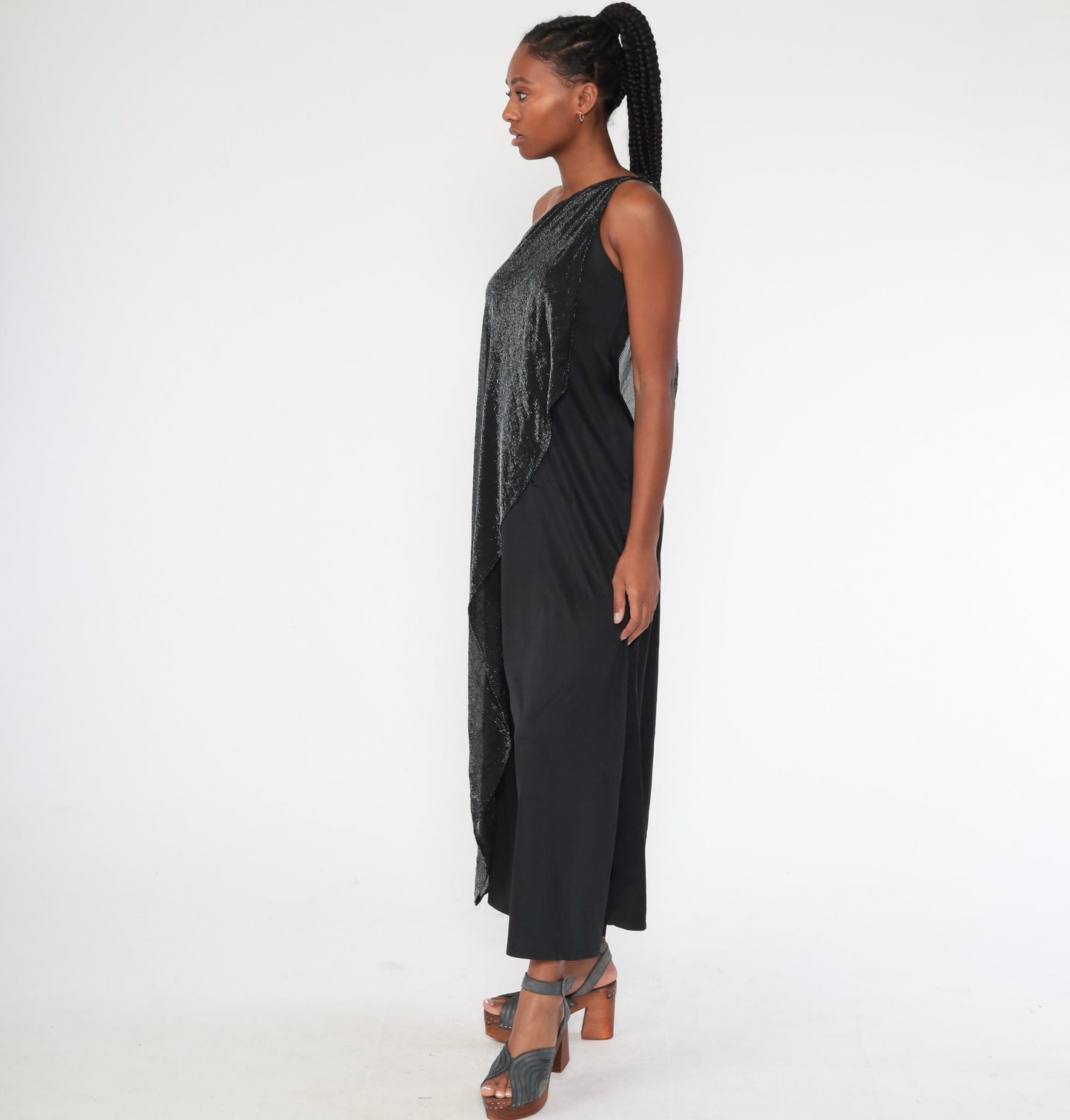 90s Black Metallic One-Shoulder Maxi Dress Draped Glitter Panel Extra Small