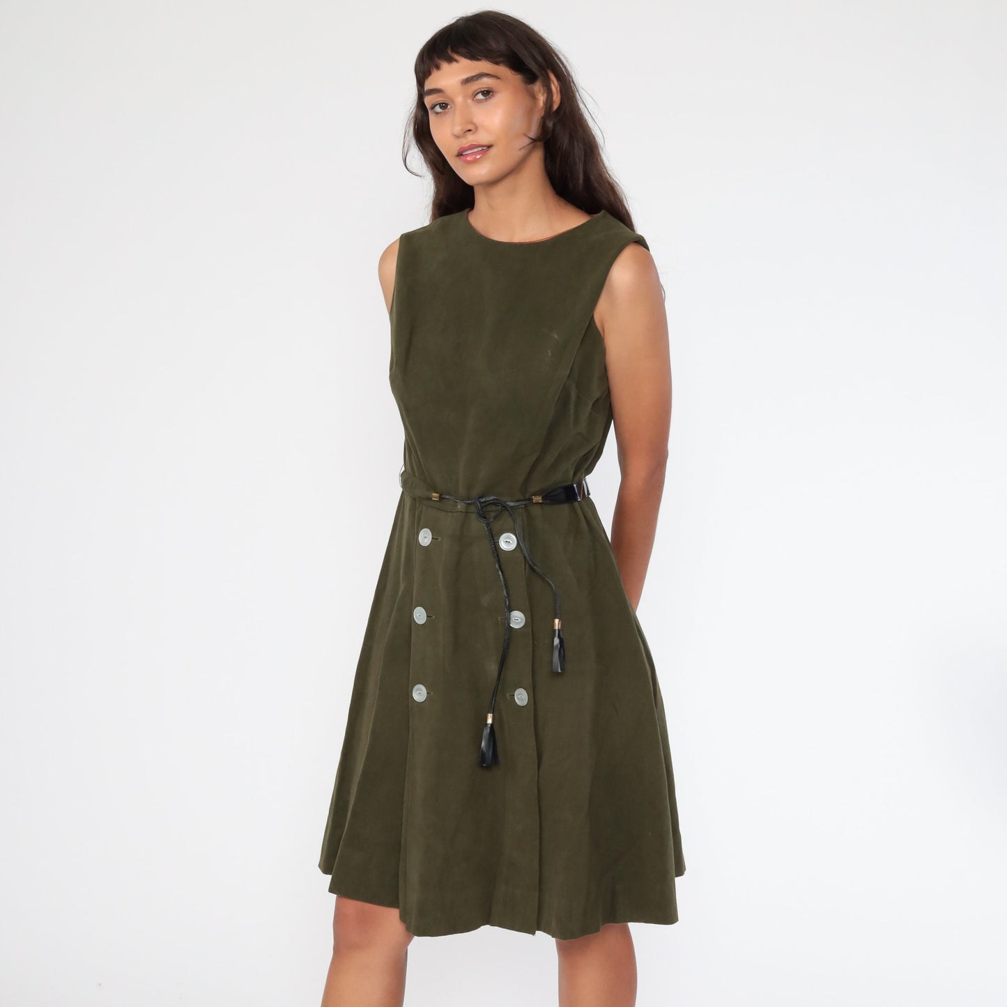 60s Mod Mini Dress Olive Green Faux Suede High Waist Sleeveless Small