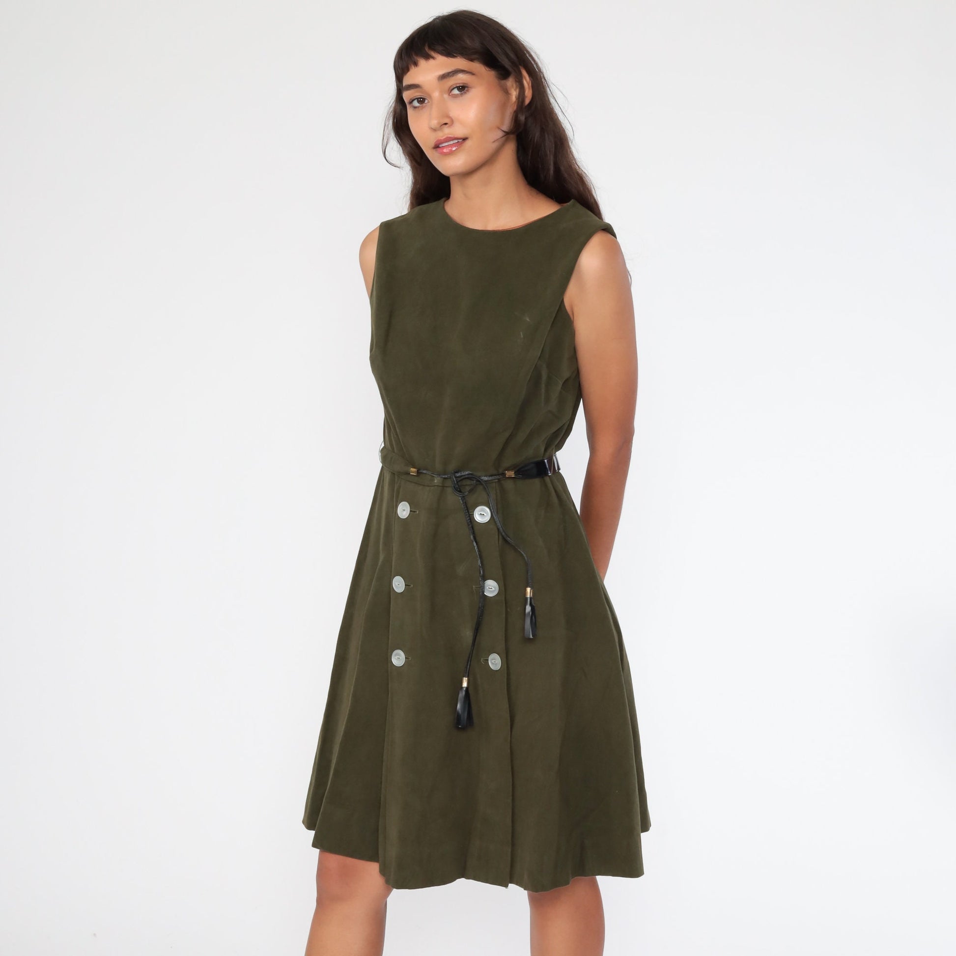 60s Mod Mini Dress Olive Green Faux Suede High Waist Sleeveless Small