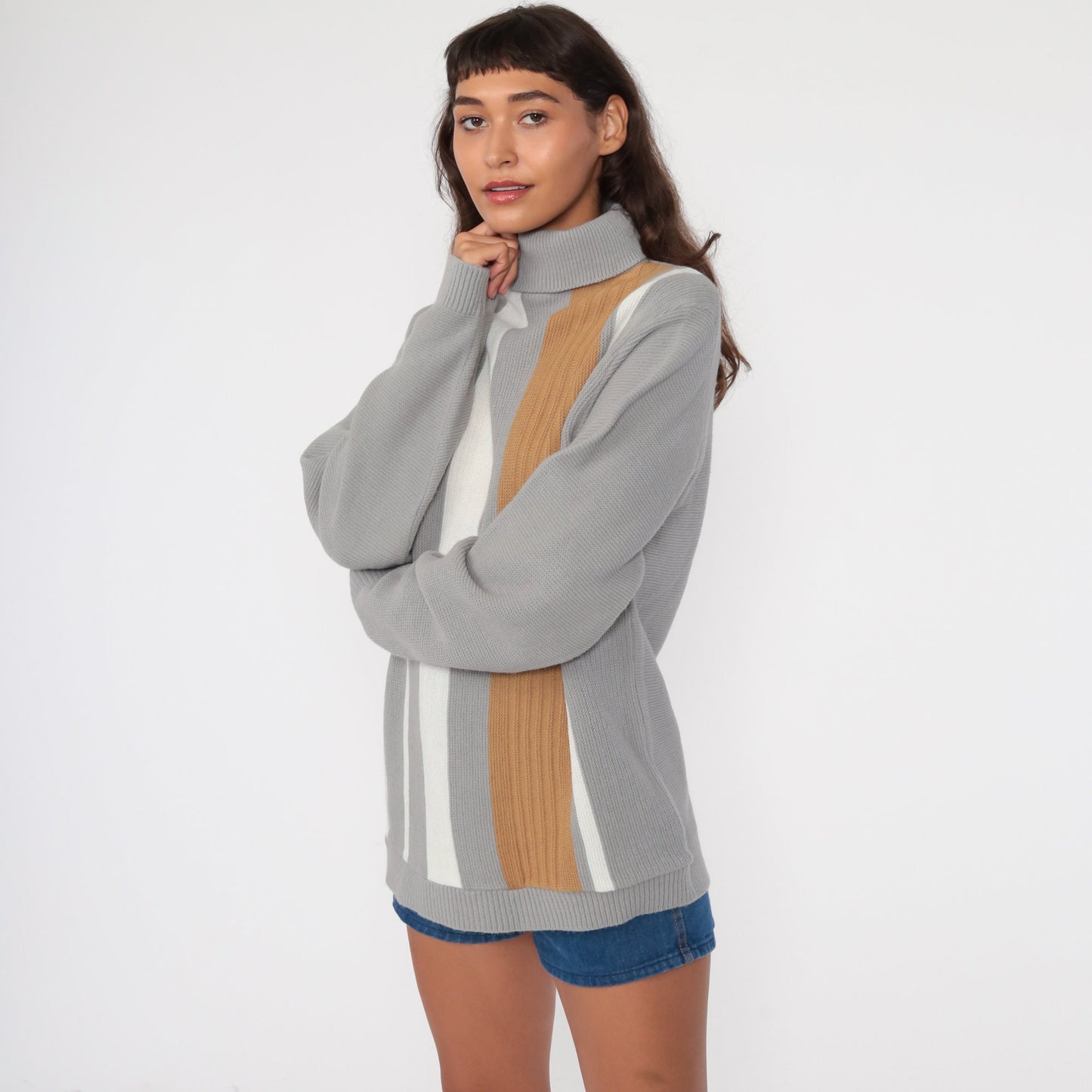 80s Striped Turtleneck Sweater Grey Knit Pullover Medium