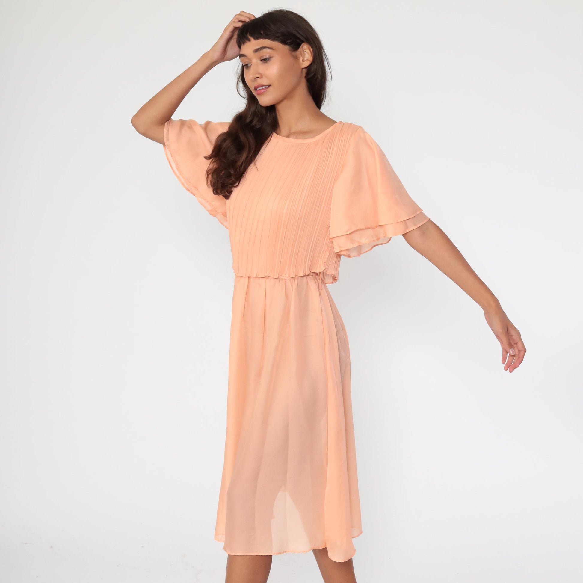 70s Orange Grecian Midi Dress Flutter Sleeve High Waist Small