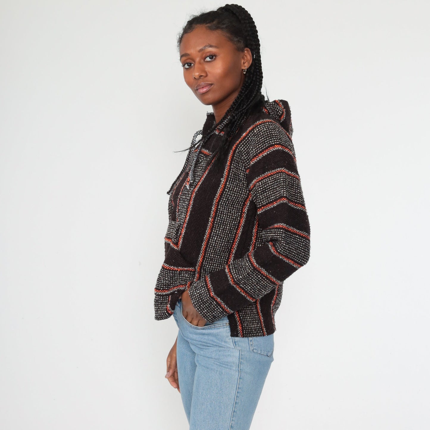 90s Mexican Baja Hoodie Orange Black Stripe Kangaroo Pocket Small