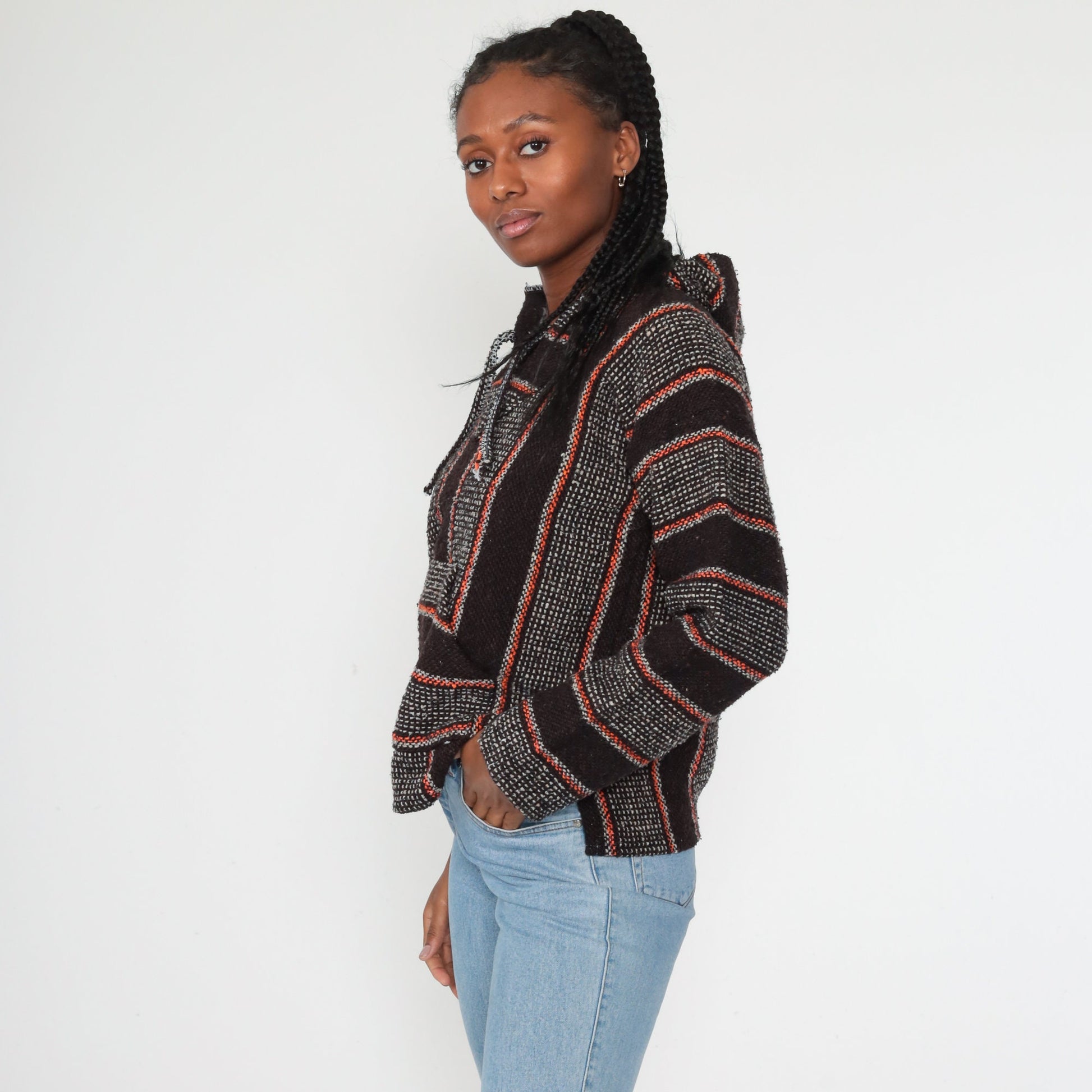 90s Mexican Baja Hoodie Orange Black Stripe Kangaroo Pocket Small