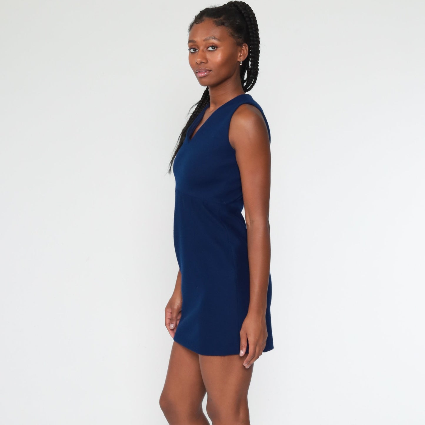 70s Wool Mod Mini Dress High Waist Dark Blue Sleeveless Small