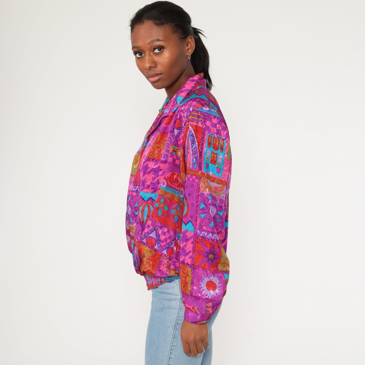 90s Floral Patchwork Colour Block Blouse Purple Neon Button Up Large