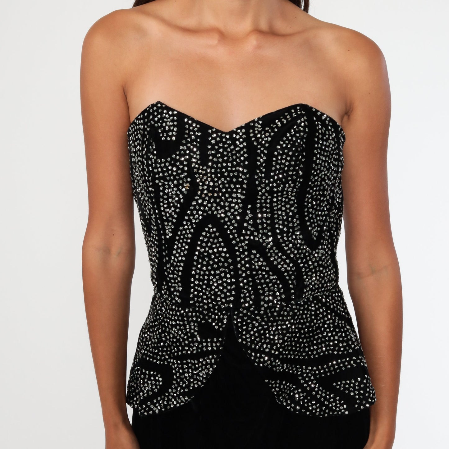80s Black Velvet Strapless Mini Dress Sweetheart Neckline Rhinestone Extra Small