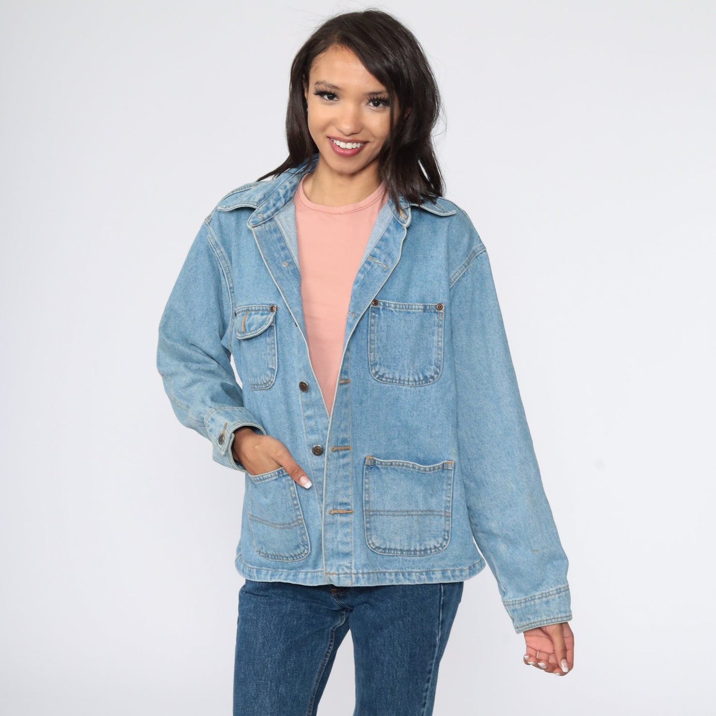 90s Light Blue Denim Cargo Jacket Workwear Button Up Medium