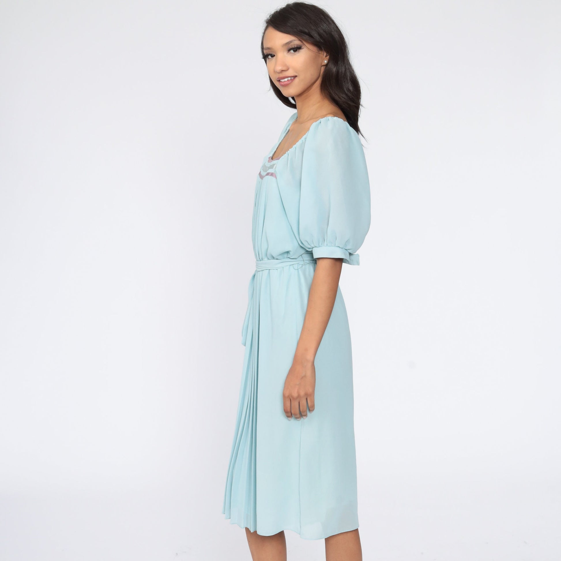 70s Baby Blue Pleated Midi Dress Puff Sleeve High Waist Small