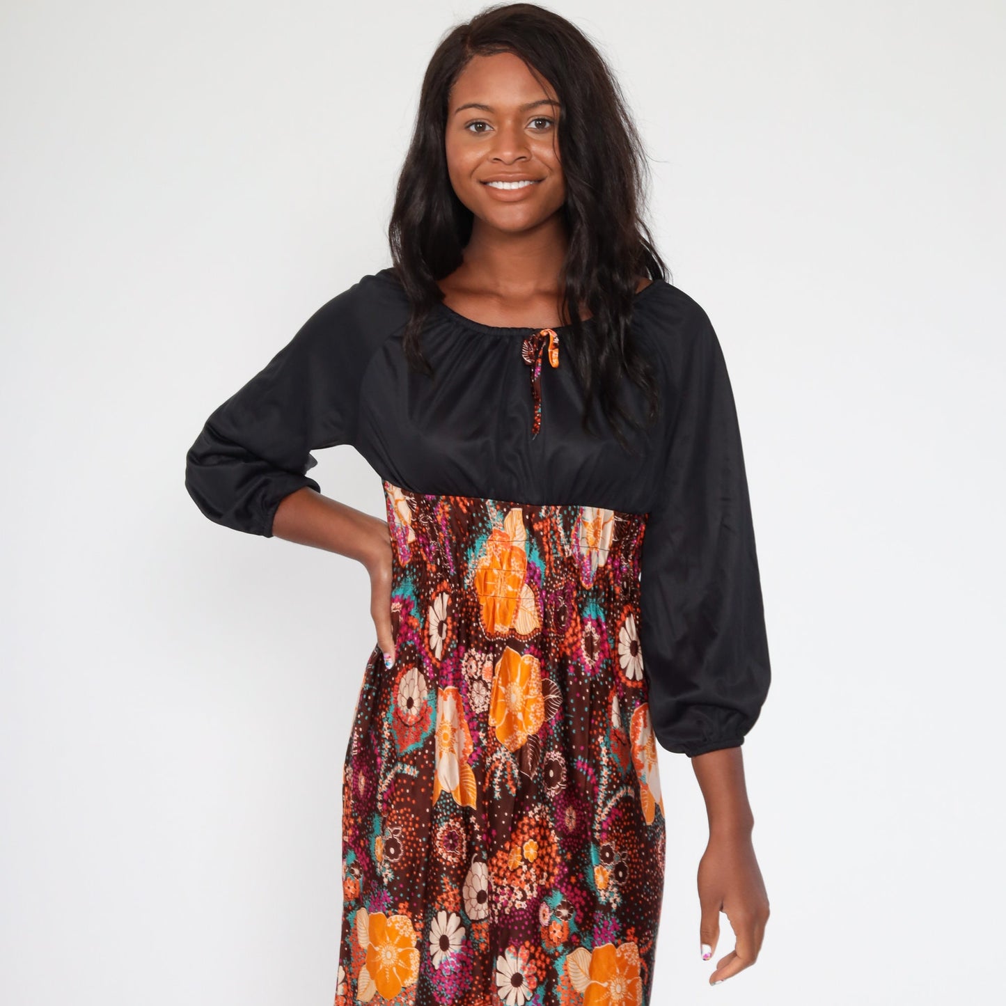 70s Psychedelic Floral Maxi Dress Empire Waist Smocked Black Purple Small