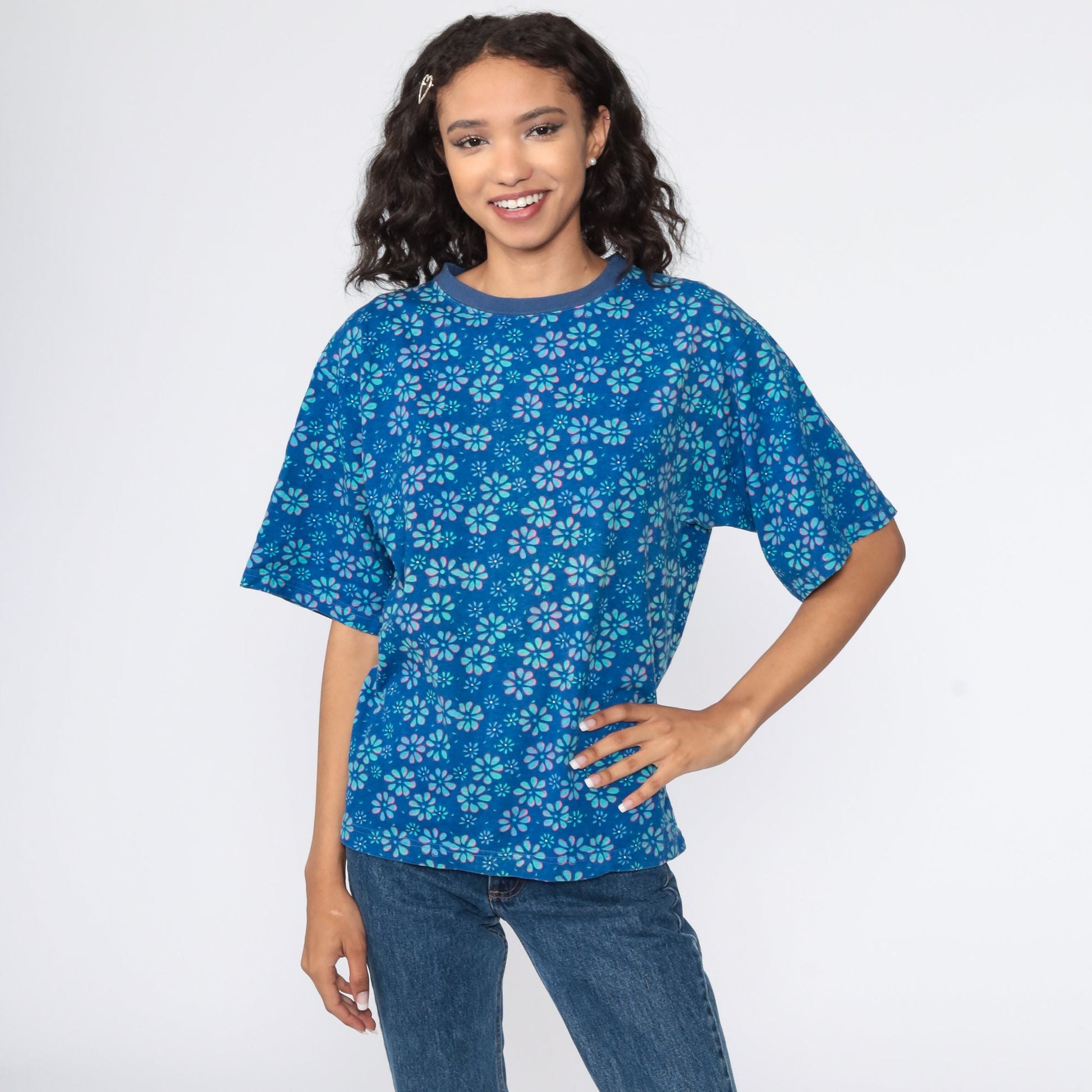 90s Floral Graphic T-Shirt Blue Flower Print Ringer Tee Medium M