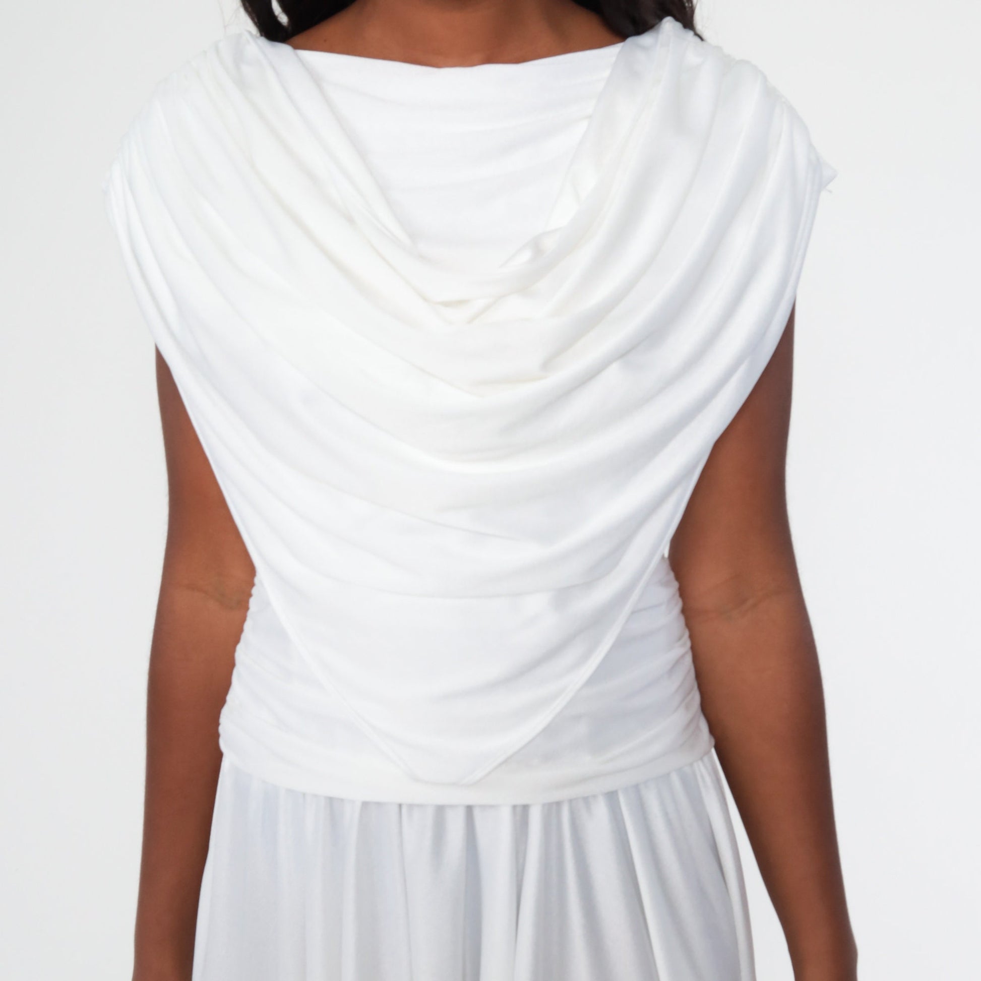 70s White Grecian Draped Midi Dress Cowl Neck Low Back Extra Small
