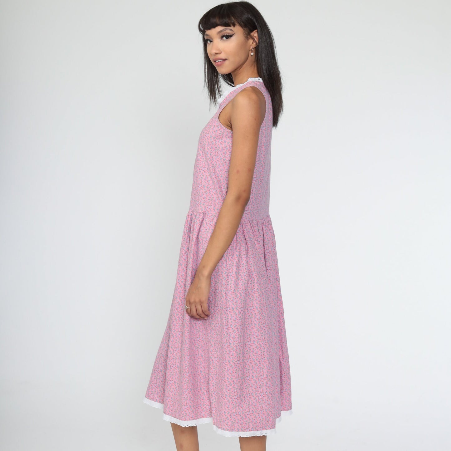 80s Calico Floral Midi Dress Pink Eyelet Lace Drop Waist Sleeveless Extra Small