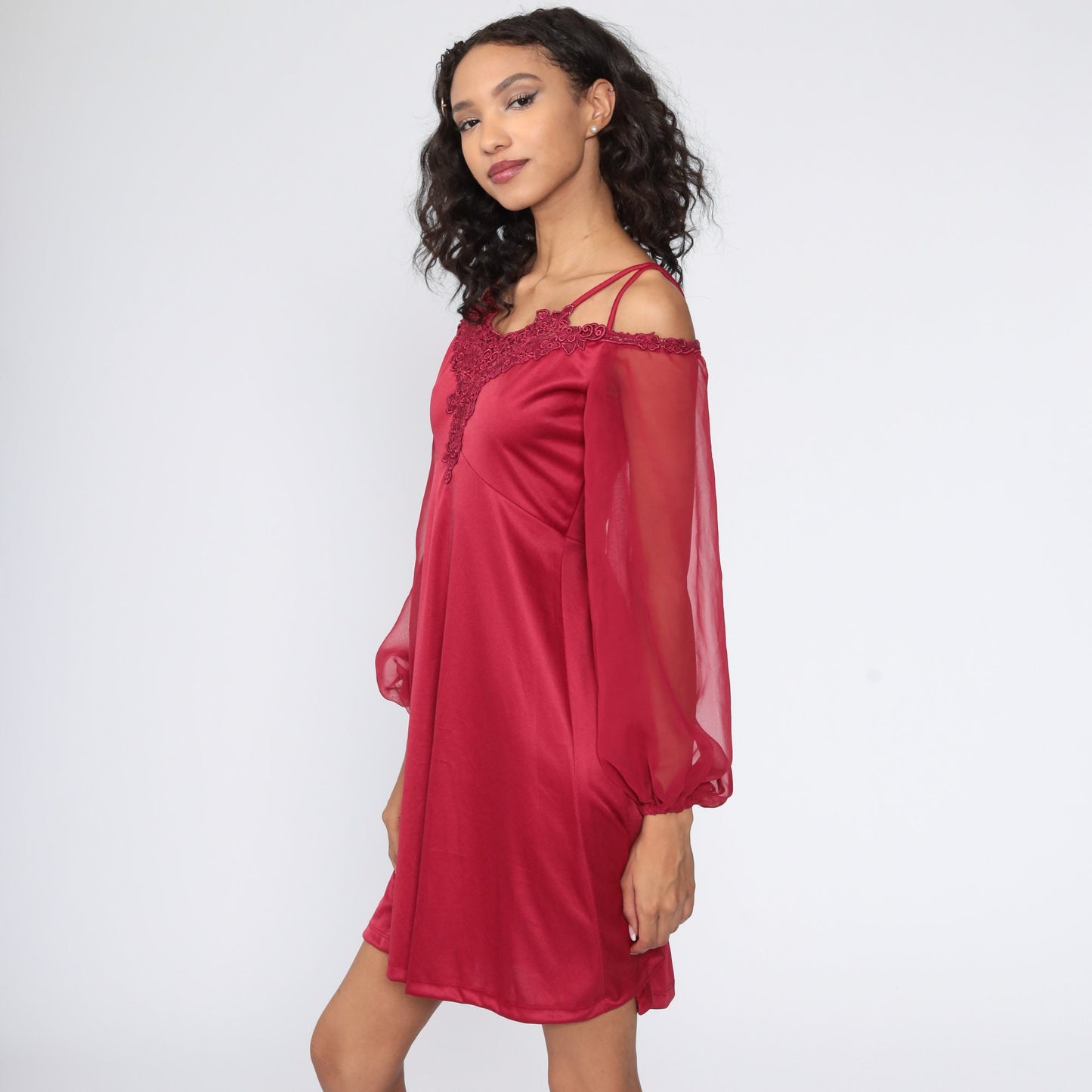 70s Burgundy Mini Dress Off-Shoulder Babydoll Sheer Chiffon Sleeve Extra Small