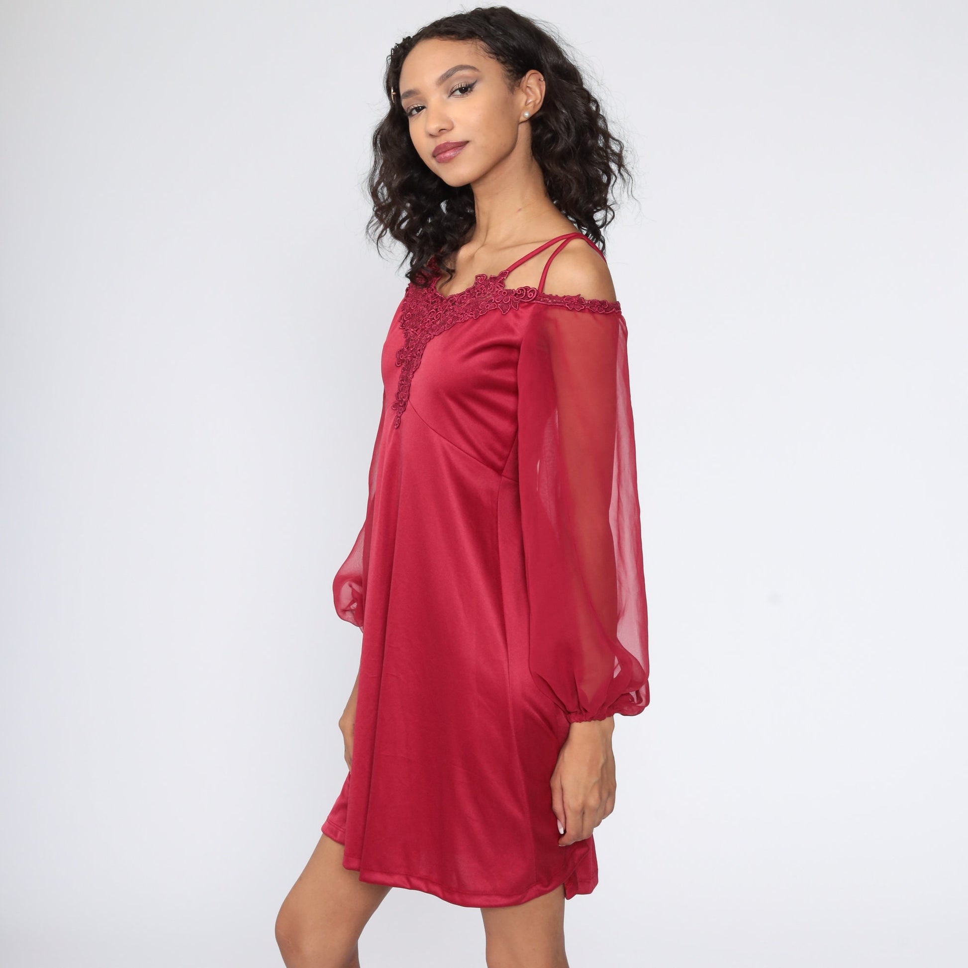 70s Burgundy Mini Dress Off-Shoulder Babydoll Sheer Chiffon Sleeve Extra Small